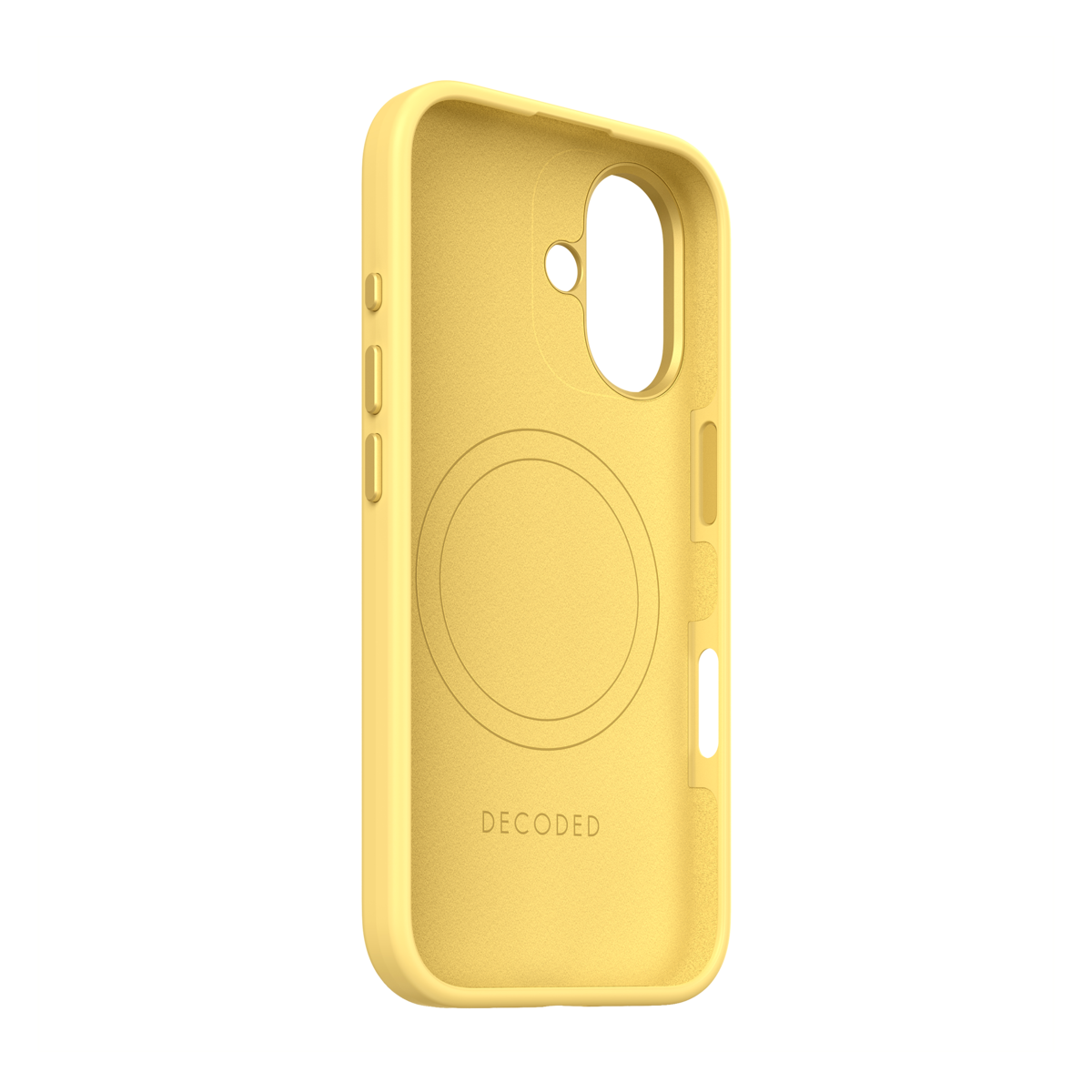Een gele telefoonhoesje binnenkant met een ronde uitsparing voor een oplaadcomponent.