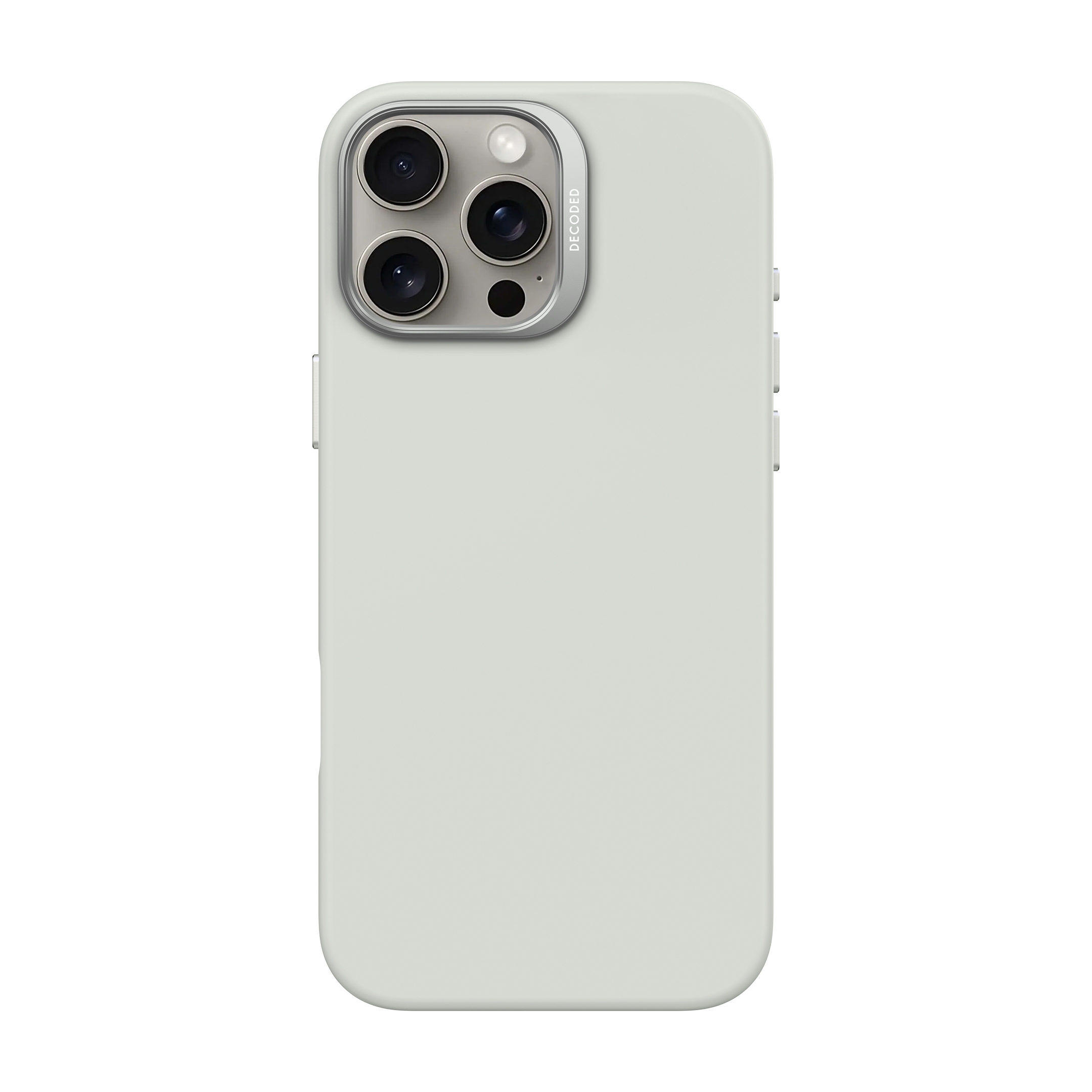 Coque de téléphone vert pâle avec des découpes pour les objectifs de l'appareil photo et la marque 'DECODED' sur le côté.