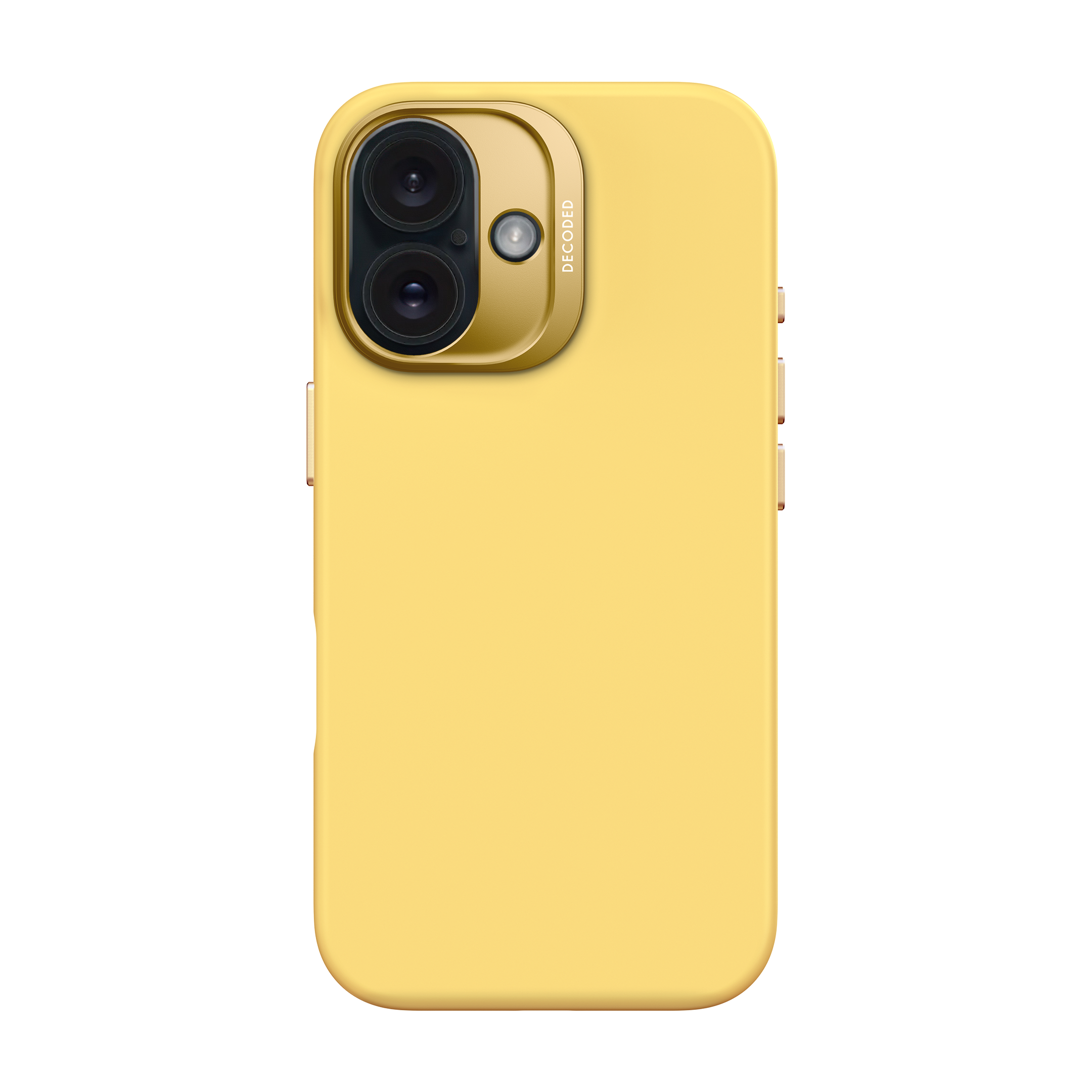 Una custodia per telefono gialla con cornice della fotocamera dorata, su sfondo bianco.