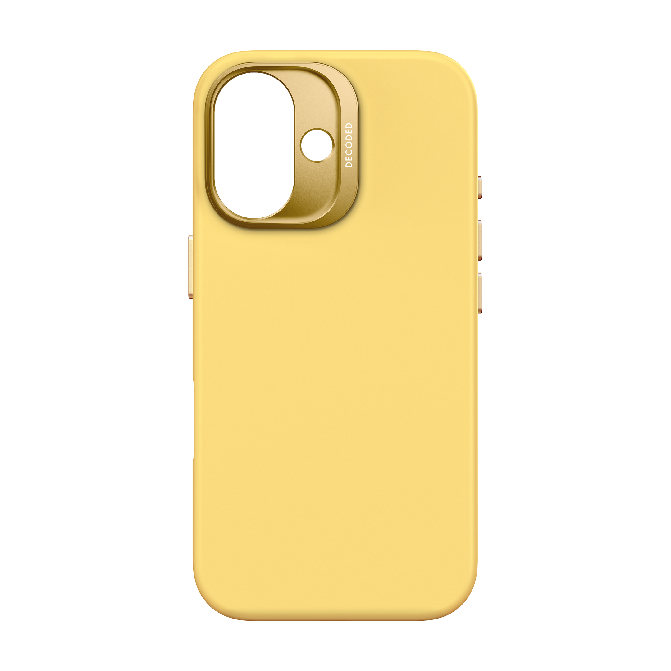 Una custodia per telefono gialla con un anello per fotocamera dorato.