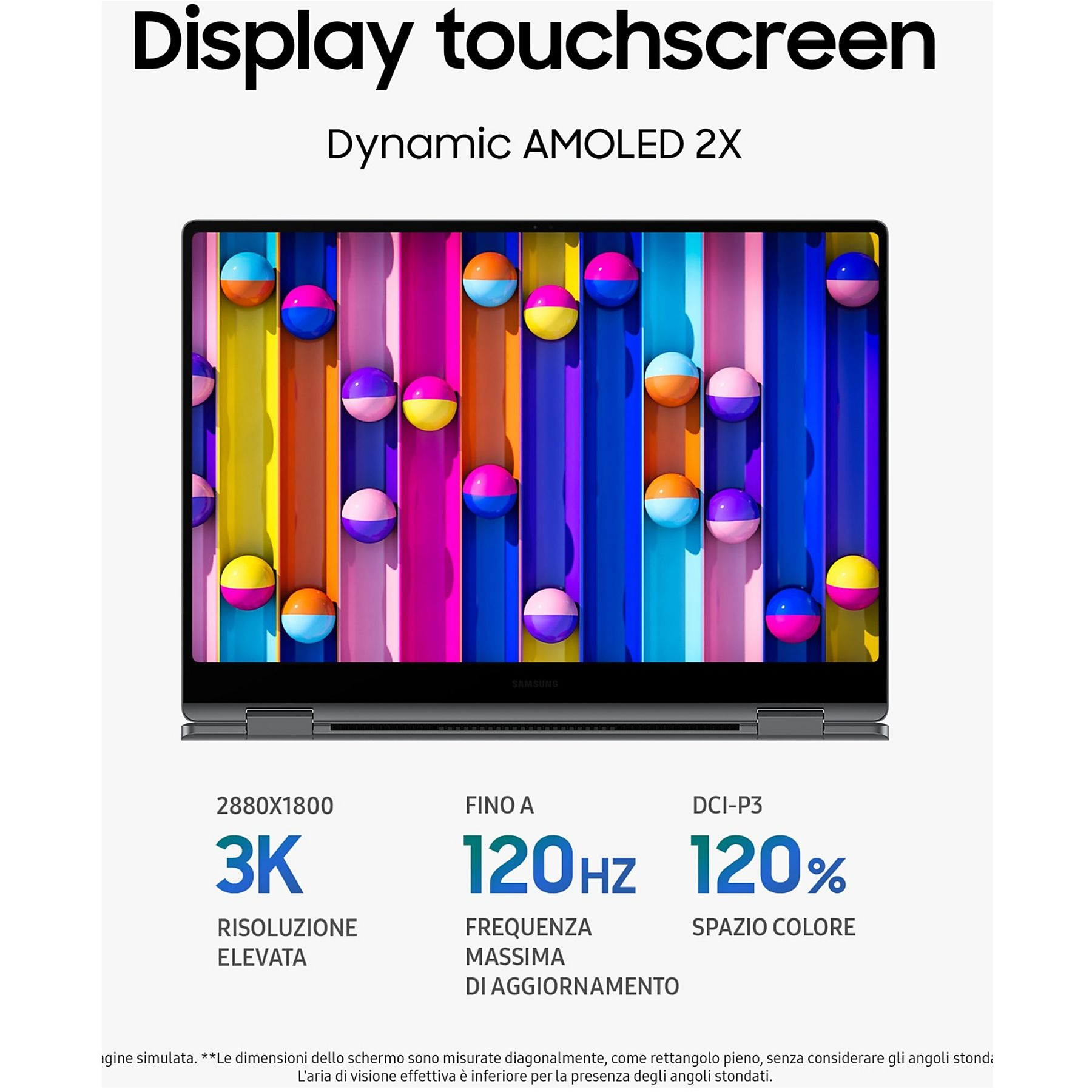 Schermo di un laptop con sfere colorate su strisce blu e gialle, testo: Display touchscreen e specifiche.