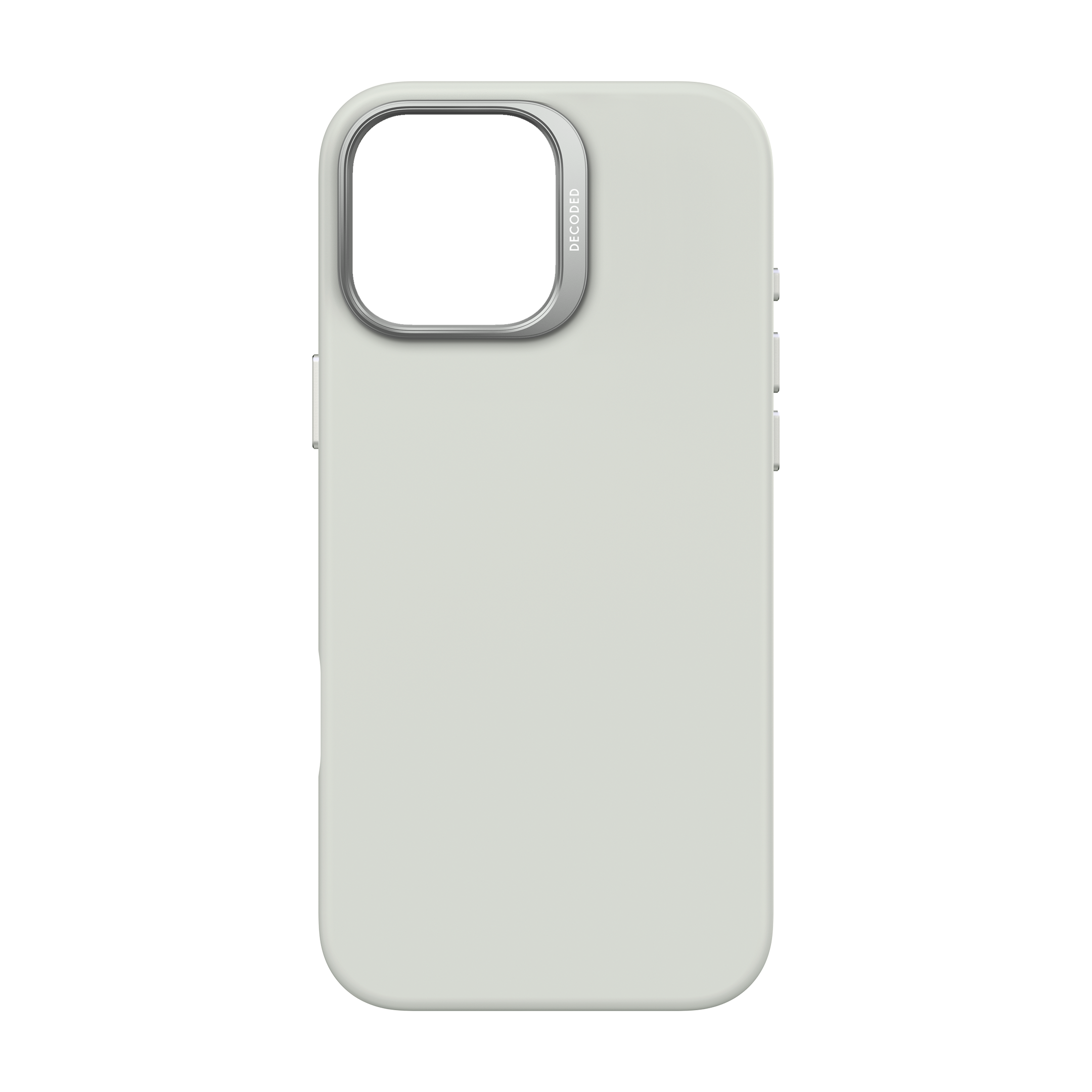 Coque de téléphone gris clair avec un cadre de caméra argenté.