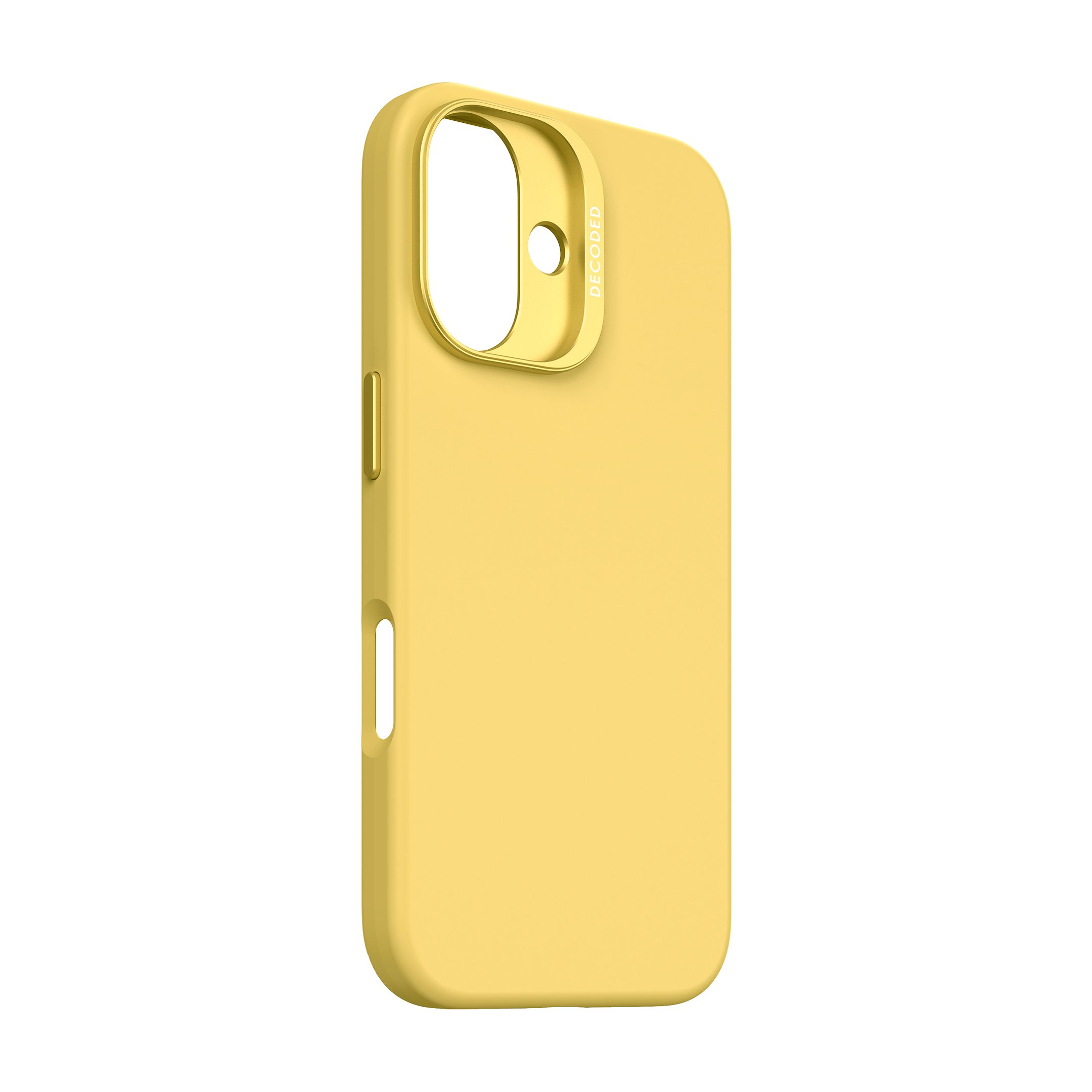 Custodia gialla per telefono con un foro per la fotocamera e marchio 'DECODED' lungo il lato.