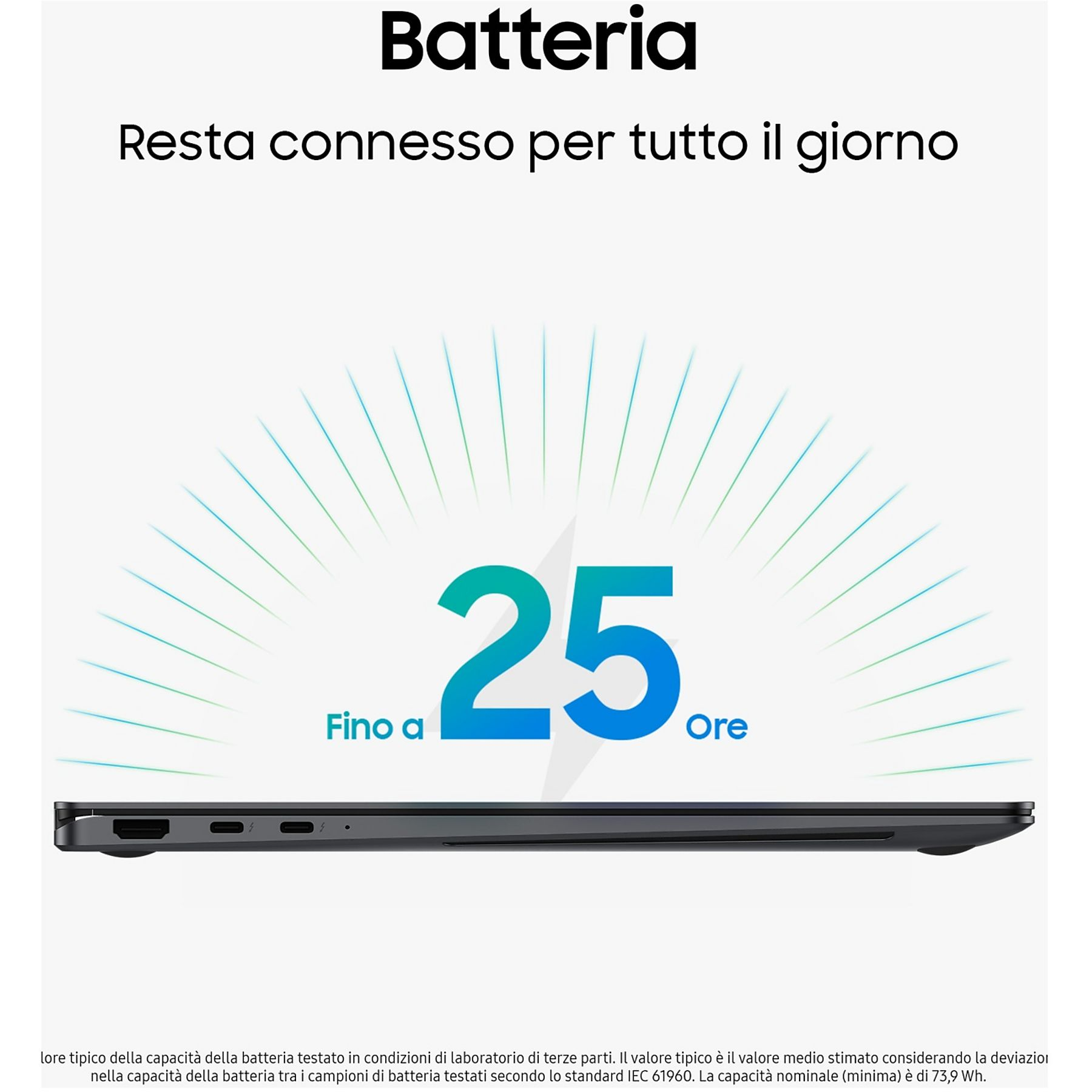 Un laptop che mostra un grafico della durata della batteria, con la scritta '25 Ore'.