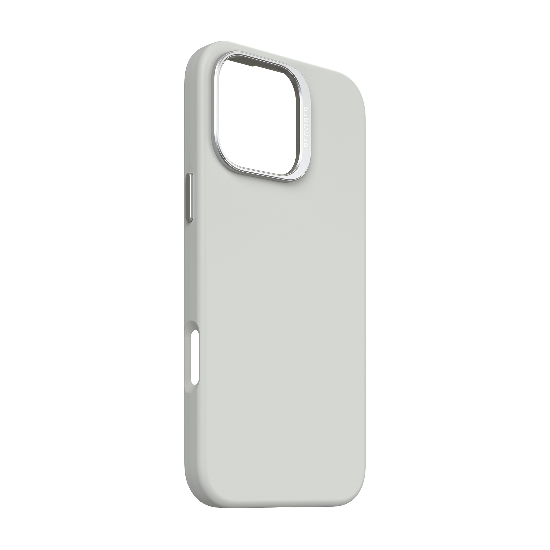 Coque de téléphone gris clair avec cadre de caméra argenté, design simple.