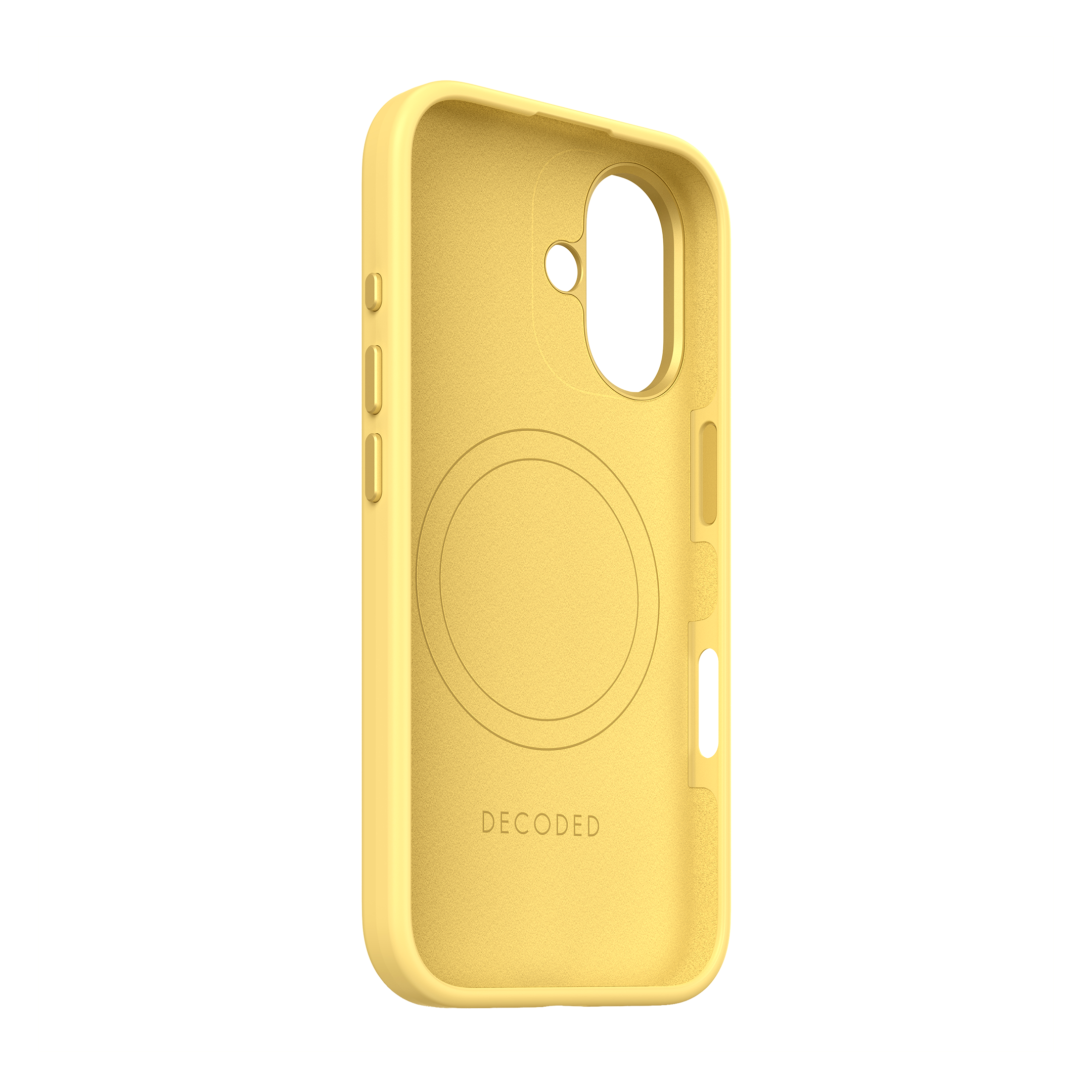 Una custodia per telefono gialla con ritagli per pulsanti e fotocamera.