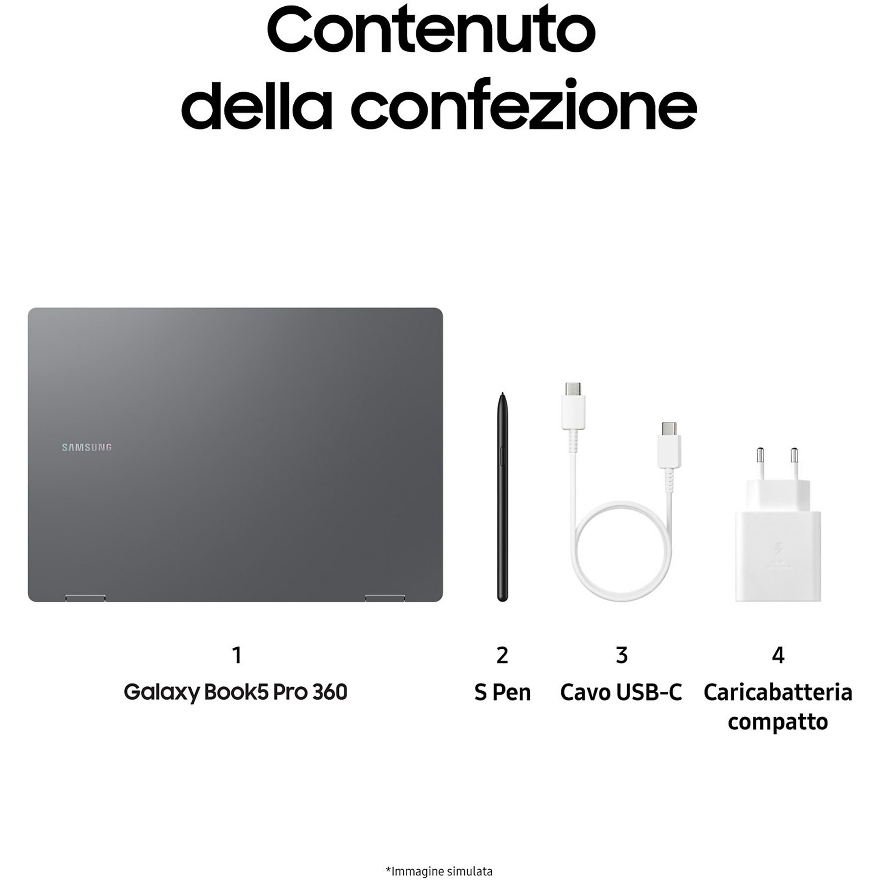 Contenuto della confezione con un laptop, pennino, cavo USB-C e caricabatterie.