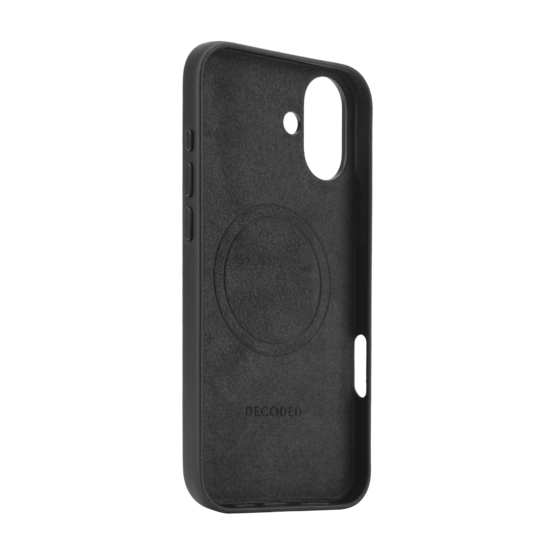 Una custodia per telefono nera con un magnete circolare e la parola DECODED.