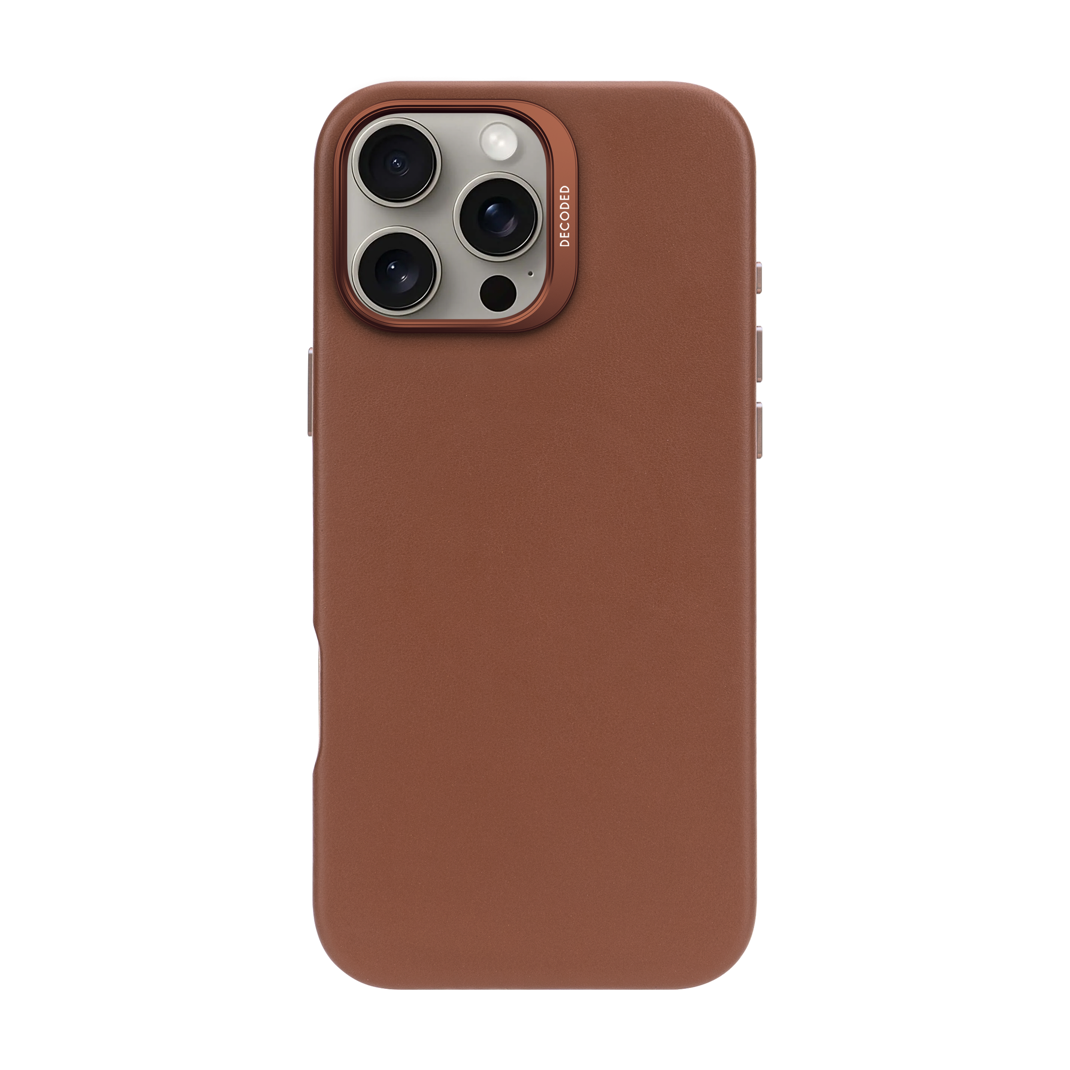 Un étui de téléphone marron avec des découpes pour l'appareil photo et le mot "DECODED" en haut.