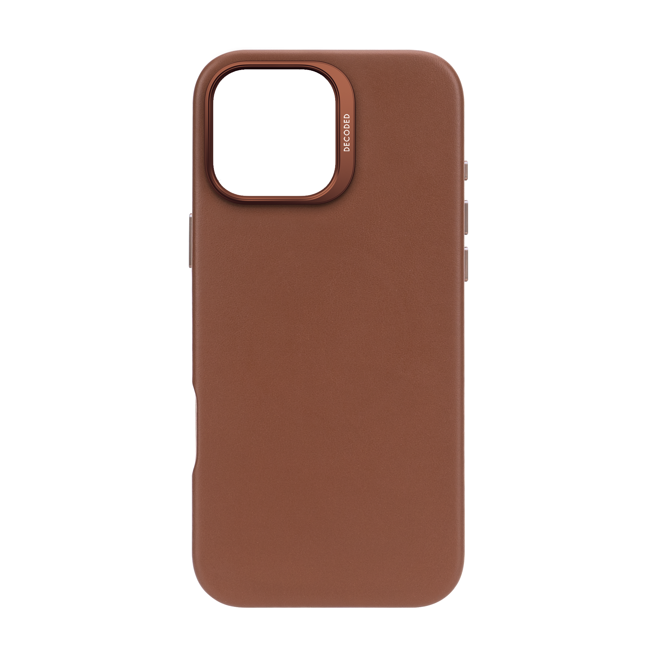 Coque de téléphone marron avec un anneau de caméra marron. Le mot DECODED est sur la coque.