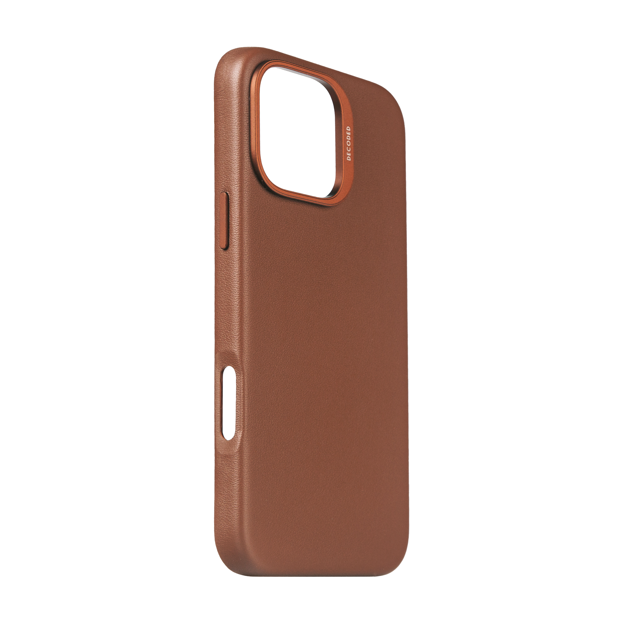 Coque de téléphone marron avec découpe caméra et bord couleur rouille.