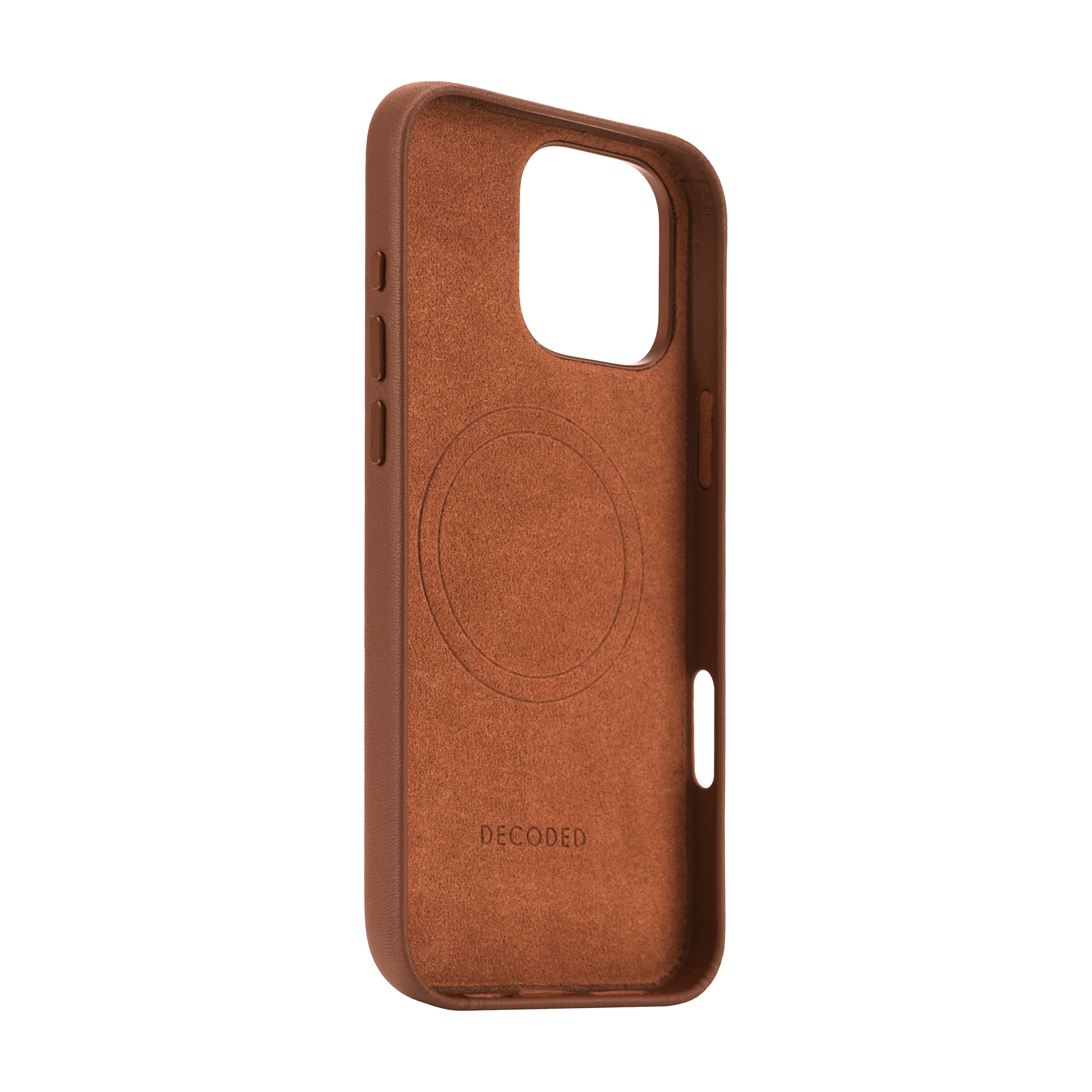 Intérieur marron d'une coque de téléphone avec une caractéristique circulaire.