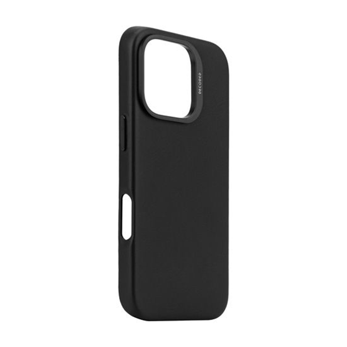 Zwarte telefoonhoes, close-up, met cameralgat en merknaam.
