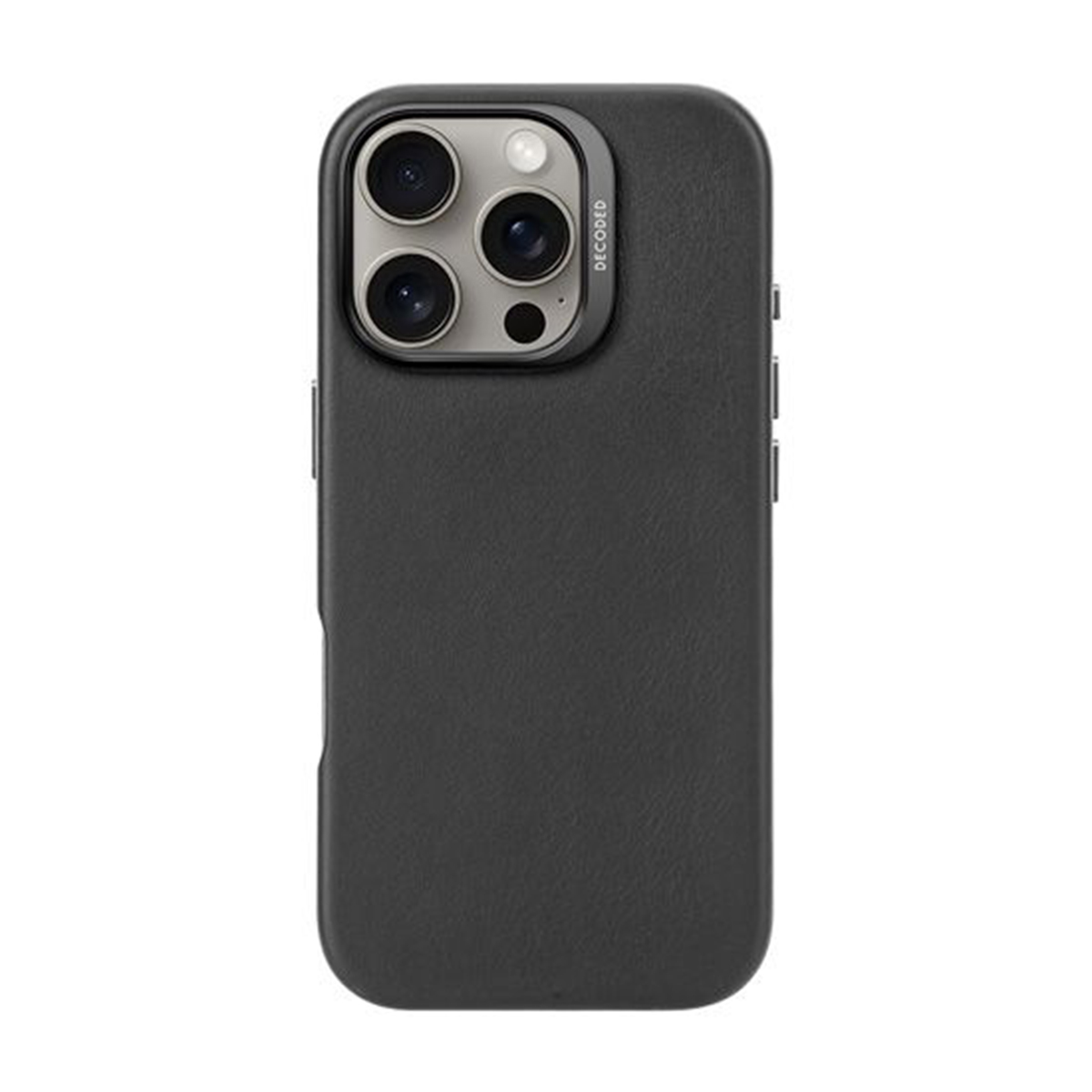 Zwarte telefoonhoes met camera's en leerachtige textuur.
