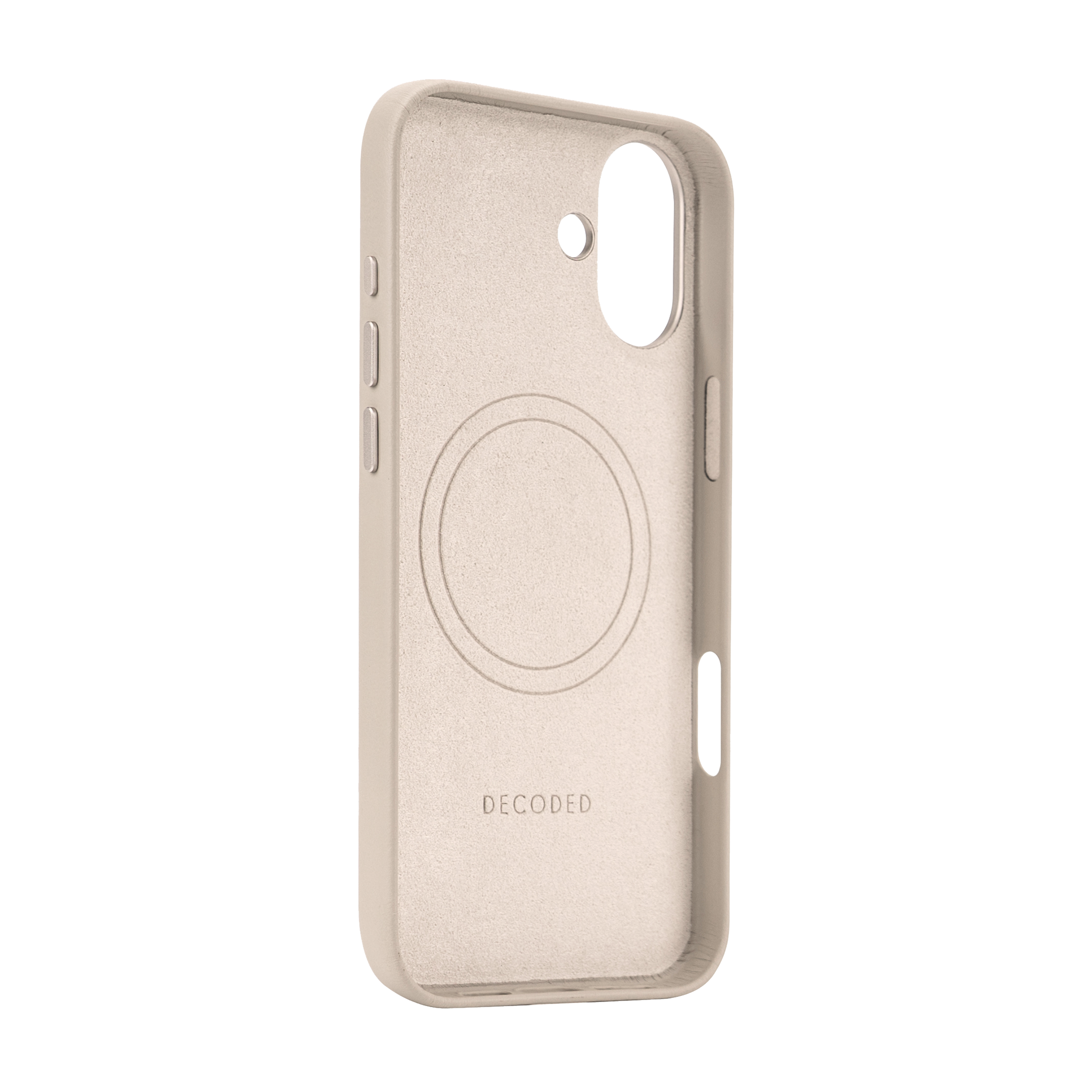 Interno della custodia del telefono. Colore beige, con un'indentazione circolare e la parola DECODED all'interno.