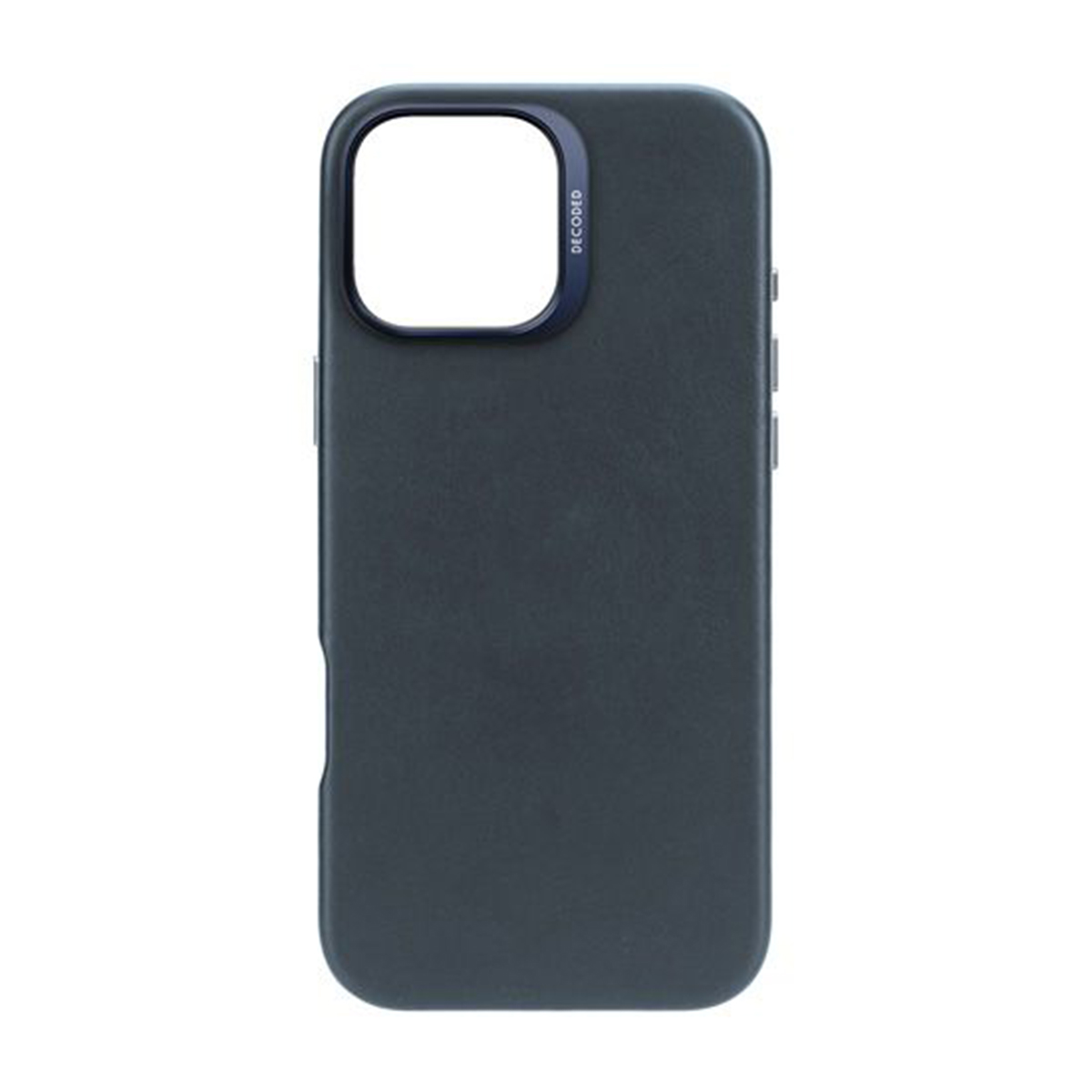 Coque de téléphone bleu foncé. L'objectif de l'appareil photo est visible. La marque est Decoded.