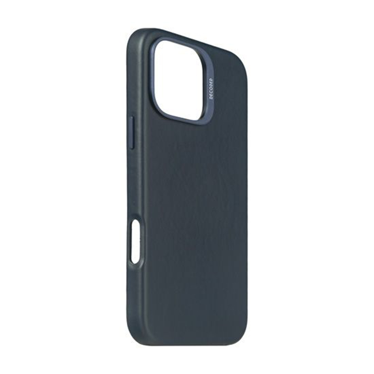 Un étui de téléphone bleu foncé avec découpe pour caméra et bouton latéral, isolé sur blanc.