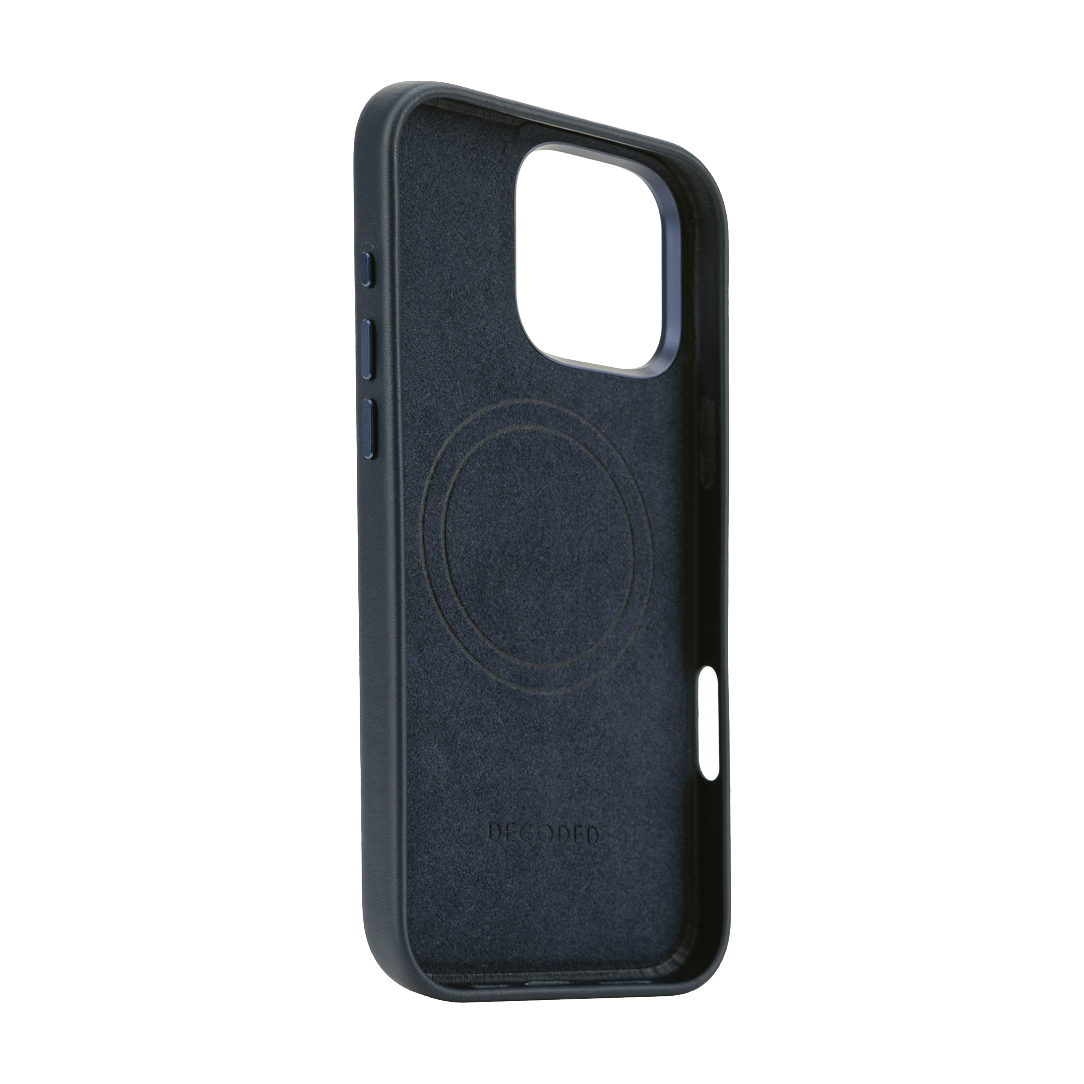 Une coque de téléphone bleu foncé avec une empreinte circulaire. L'intérieur est bleu clair.