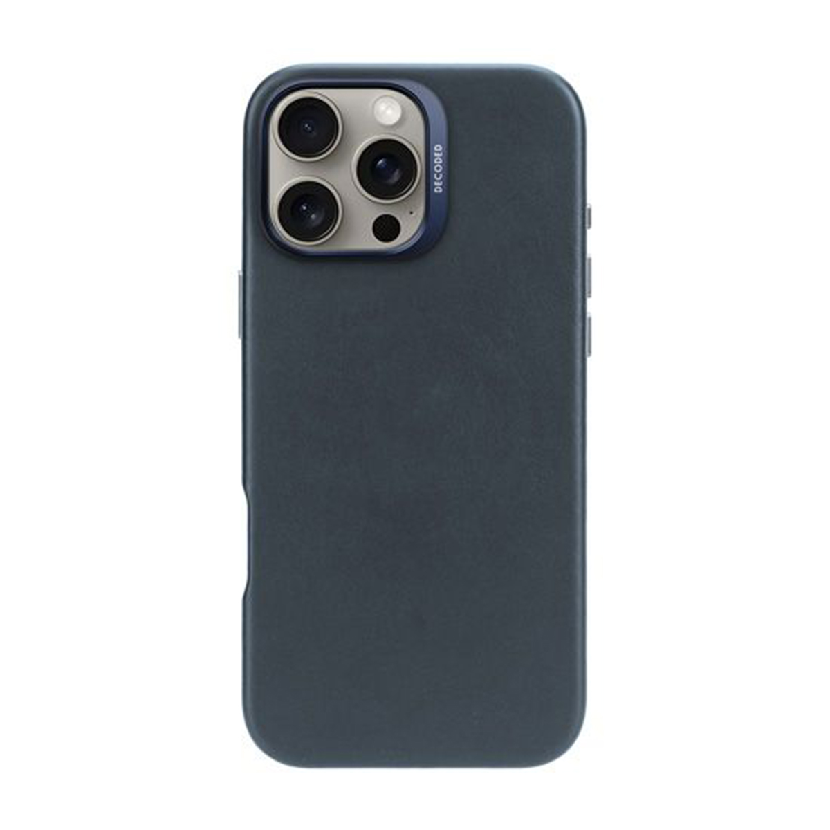 Coque de téléphone noire avec un anneau de caméra bleu. La coque a trois objectifs. Fond blanc.