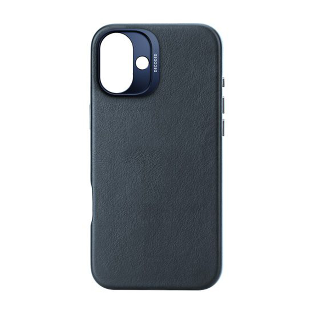 Coque de téléphone bleu foncé avec découpe pour l'appareil photo. L'arrière a une finition texturée, semblable au cuir.