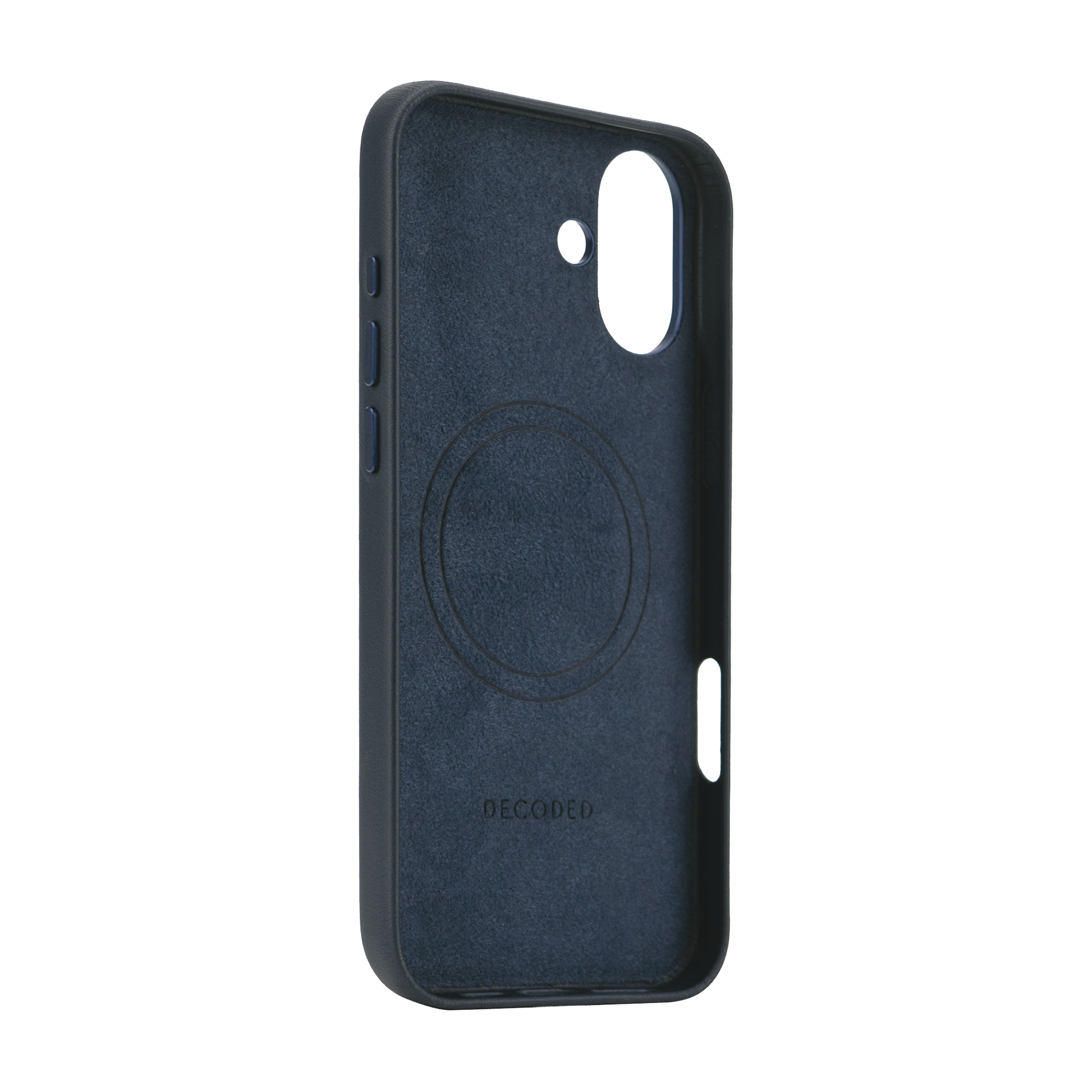 Intérieur d'étui de téléphone bleu foncé. Design circulaire et trous pour caméra et boutons.
