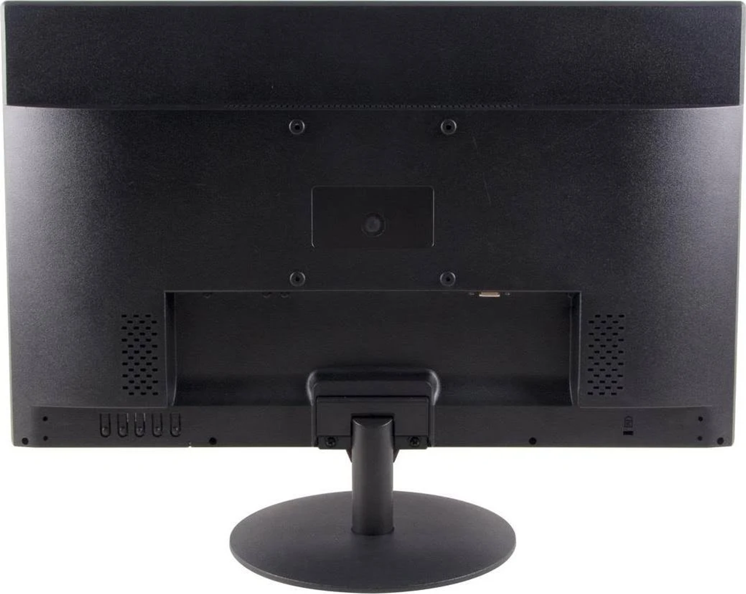Back of a black computer monitor with stand and ports at the bottom.