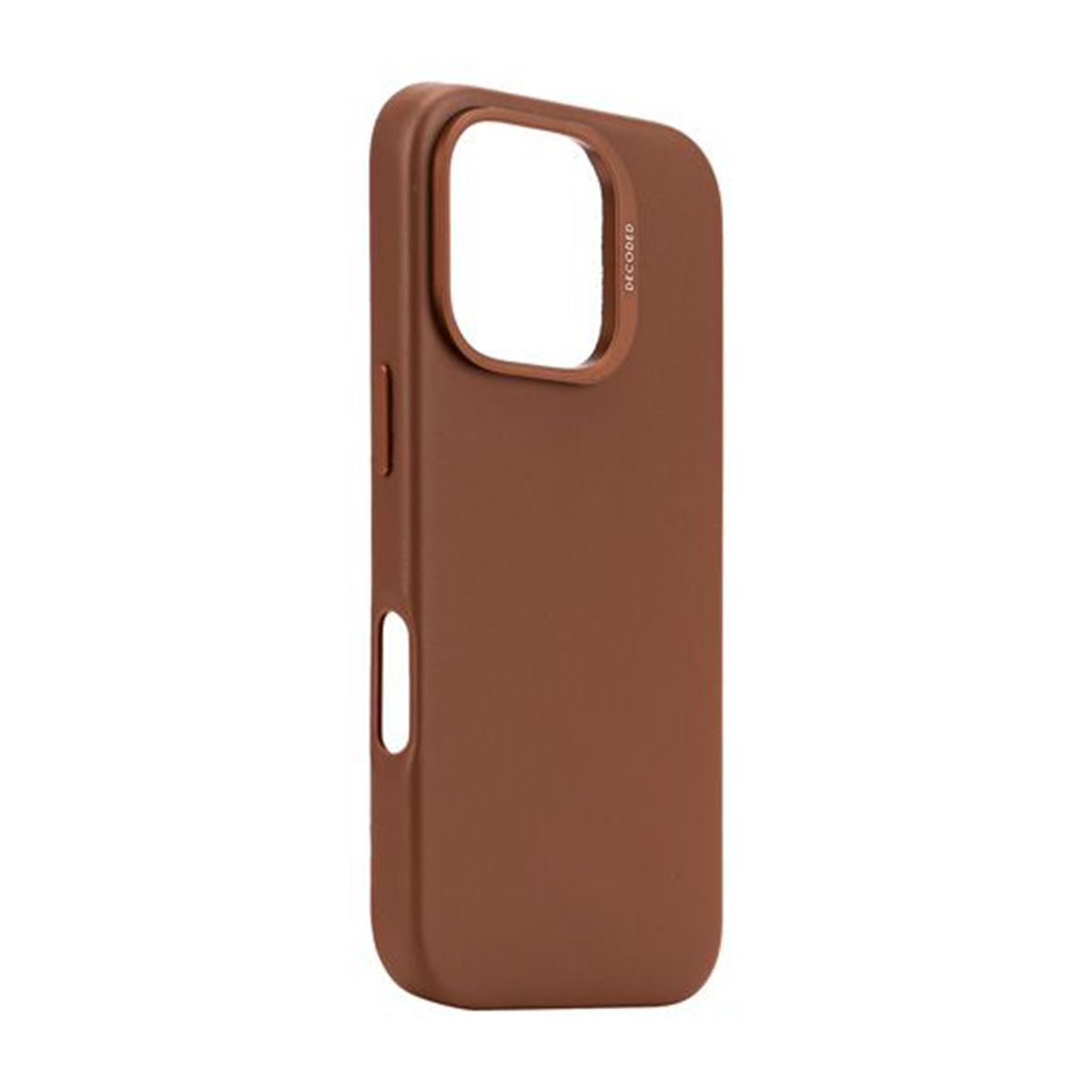 Una custodia marrone per telefono con un ritaglio per la fotocamera.