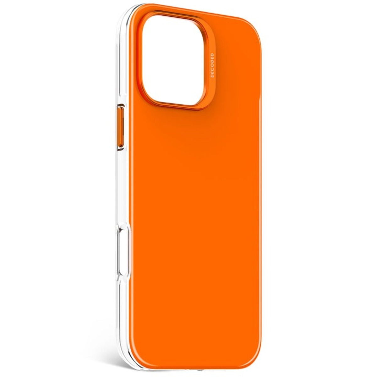 Een oranje telefoonhoesje met een transparant frame en een camera-uitsparing, op een lichte achtergrond.
