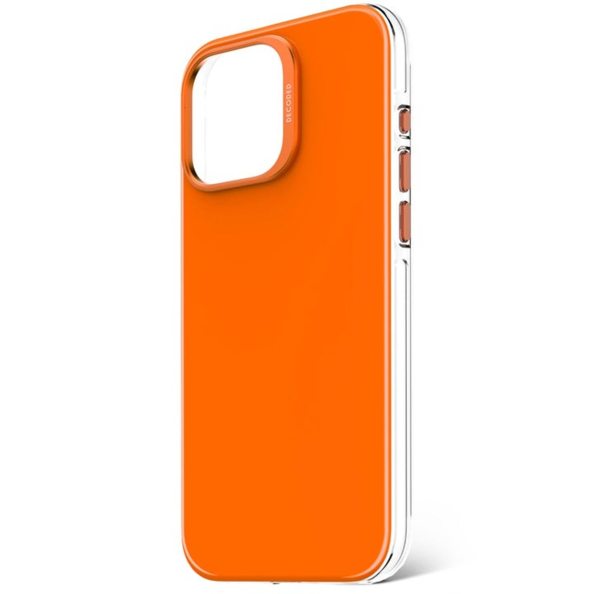 Oranje telefoonhoesje, doorzichtige zijkanten. De hoes heeft een witte rand en de naam Decoded.