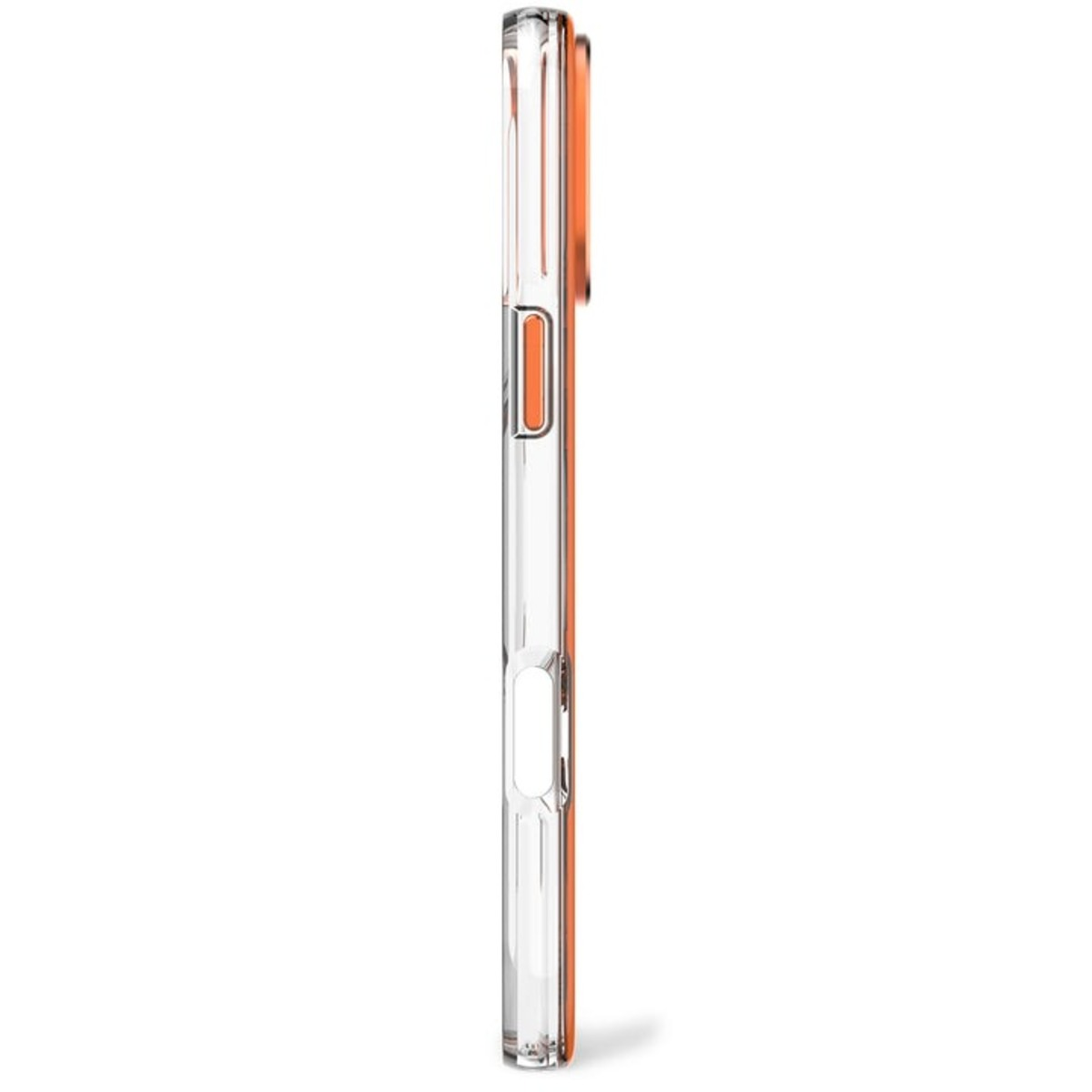 Een transparante telefoonhoes met een oranje accent en een heldere rand.