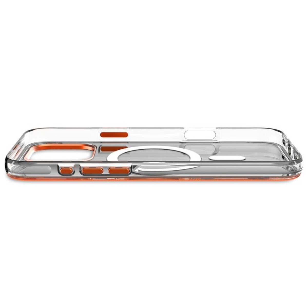 Transparant telefoonhoesje met oranje cameraring en knopcontouren. Zijaanzicht.