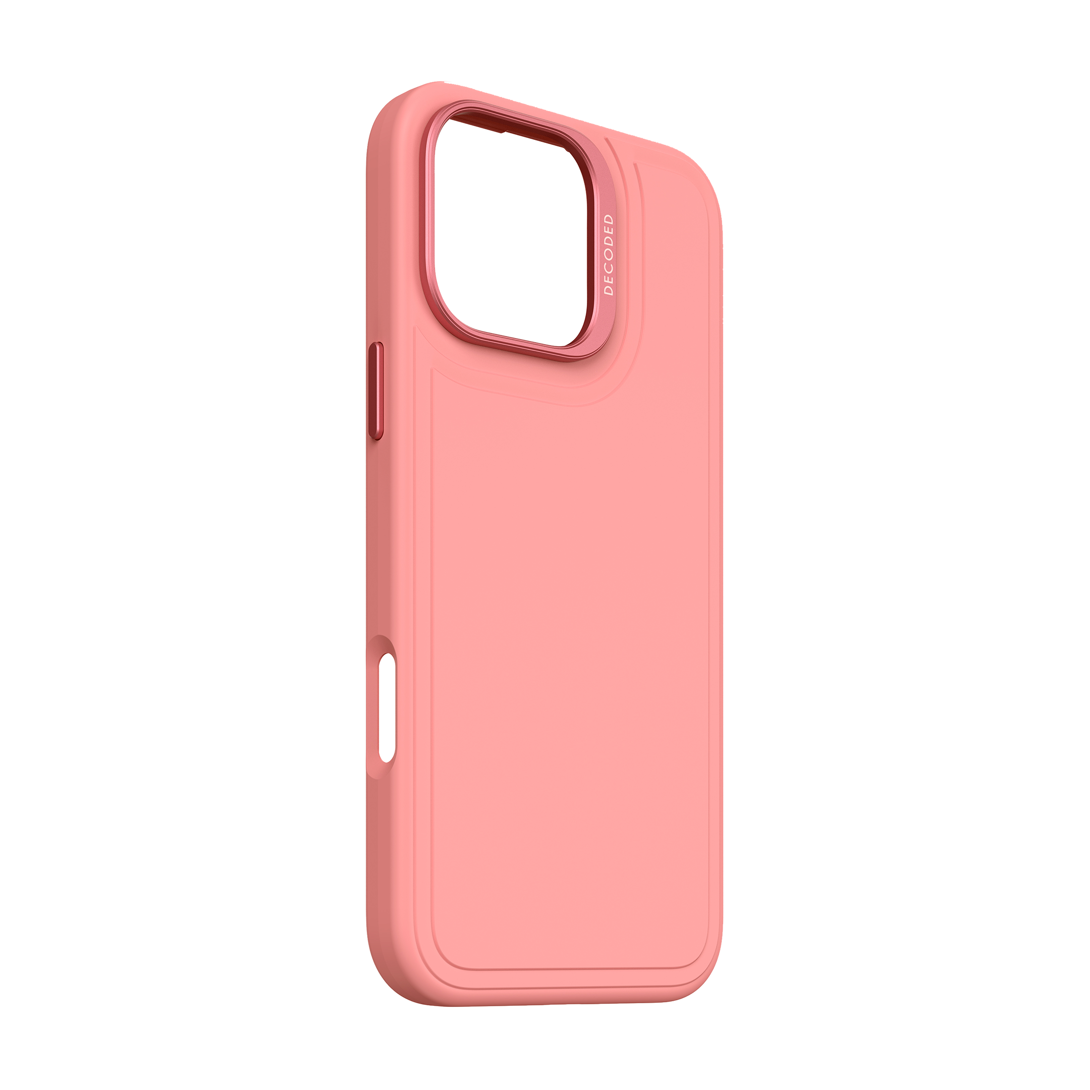 Custodia per telefono rosa, con bordo leggermente rialzato, sfondo nero. Vista laterale.