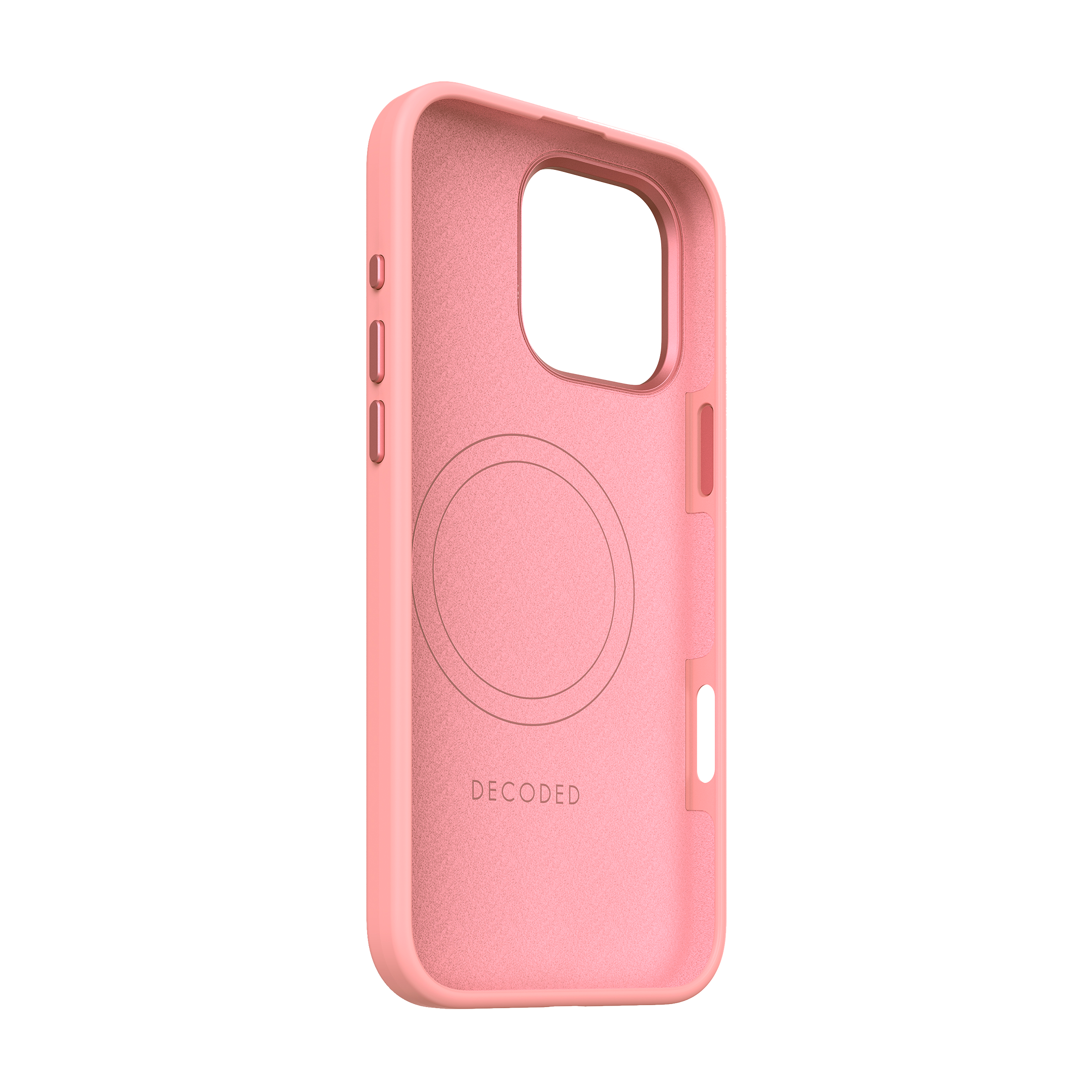 Custodia per telefono rosa con interno nero. La custodia ha aperture per fotocamera e pulsanti laterali.