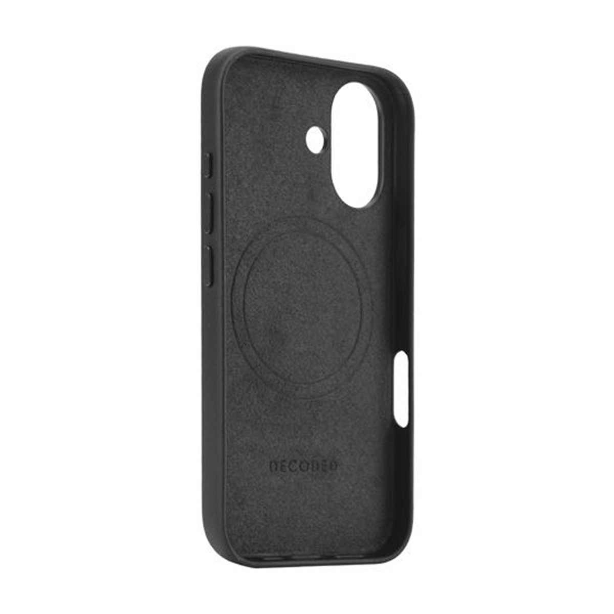 Een zwarte telefoonhoes met een cirkelvormige magnetische bevestiging.