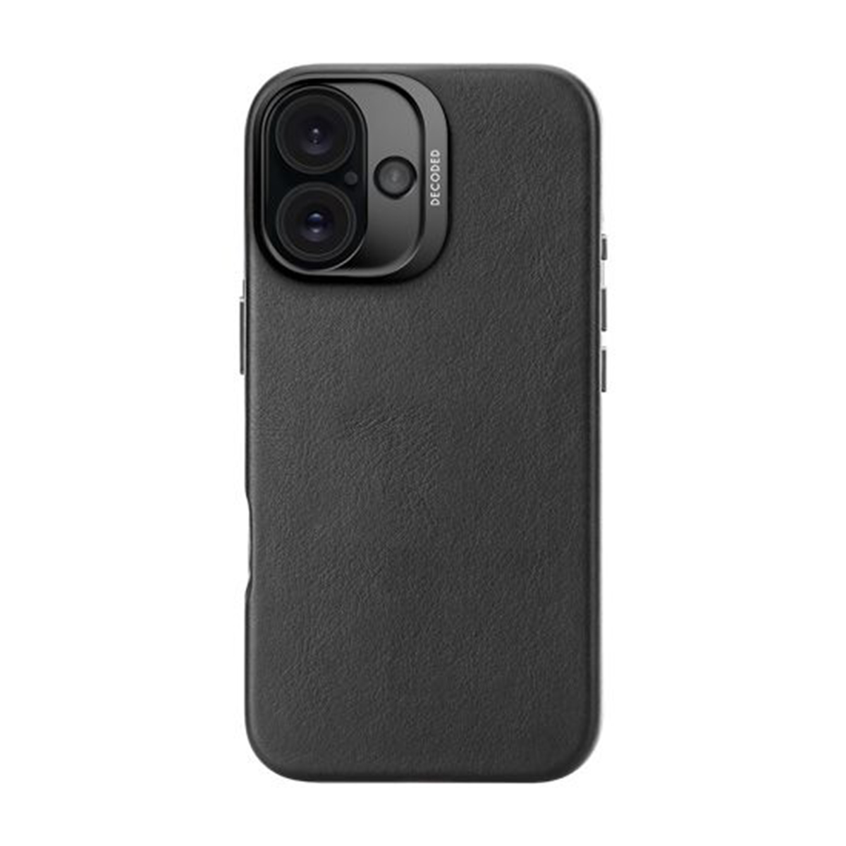 Zwarte telefoonhoes met camera-uitsparing, merk 'DECODED'.