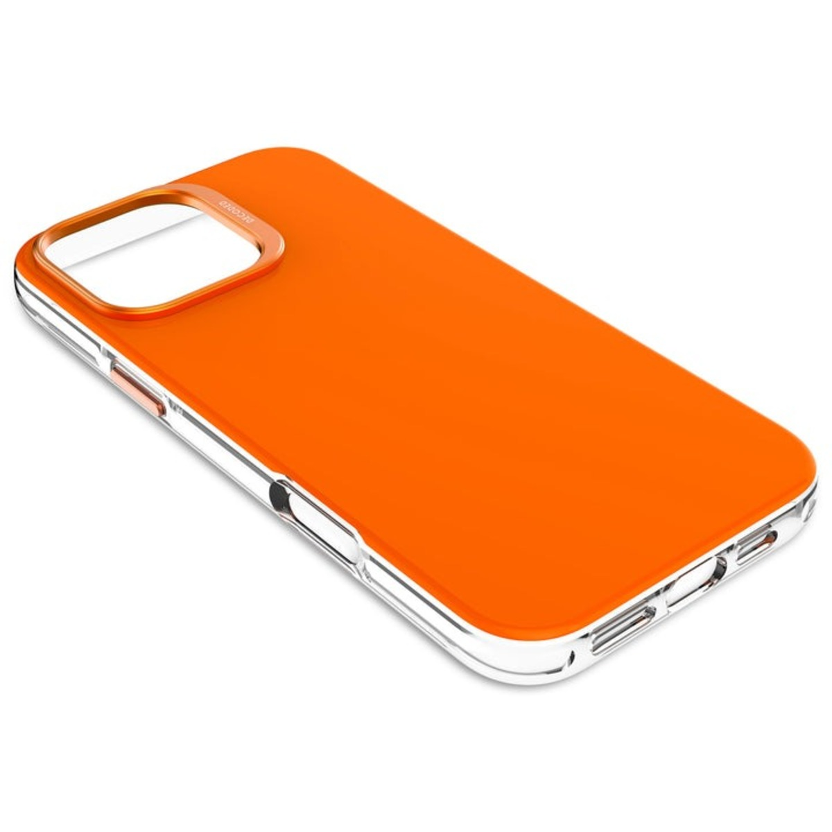 Oranje telefoonhoesje met doorzichtige randen en een zilveren camerakader.