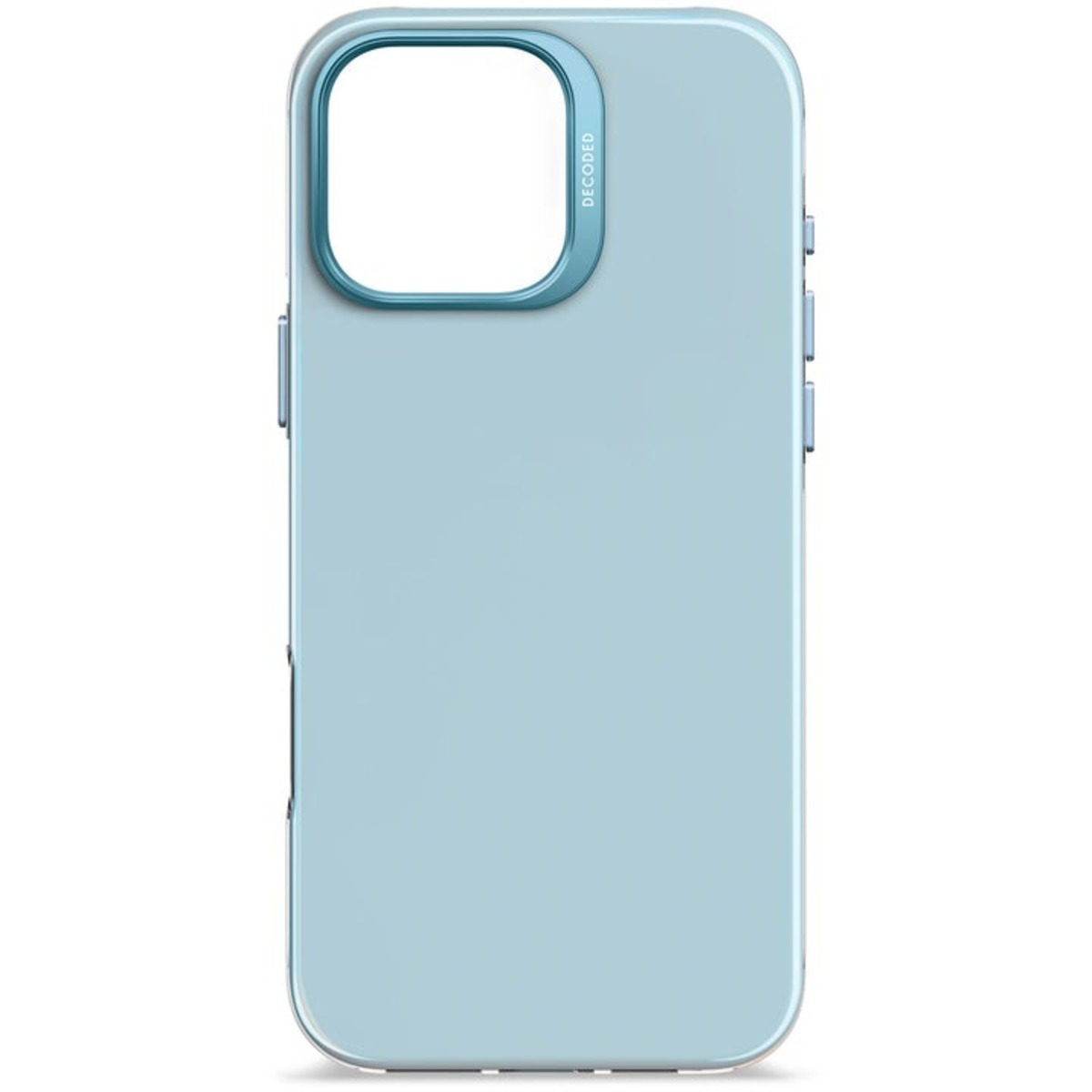 Une coque de téléphone bleu clair avec un cadre de caméra bleu sur fond clair.
