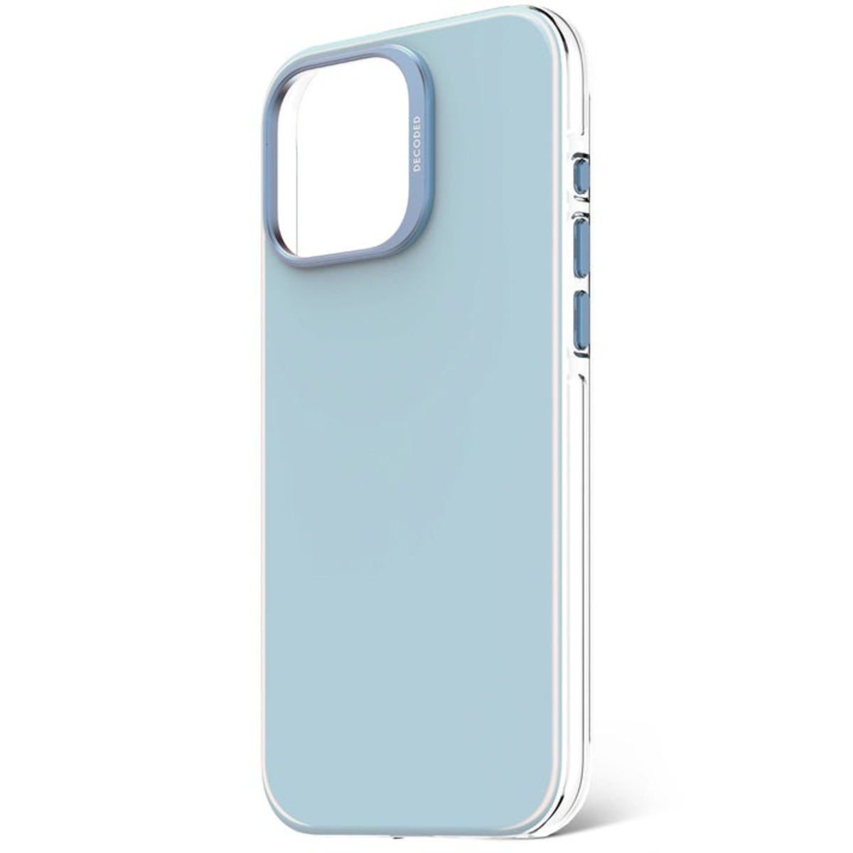 Une coque de téléphone transparente avec un cadre de caméra bleu clair.