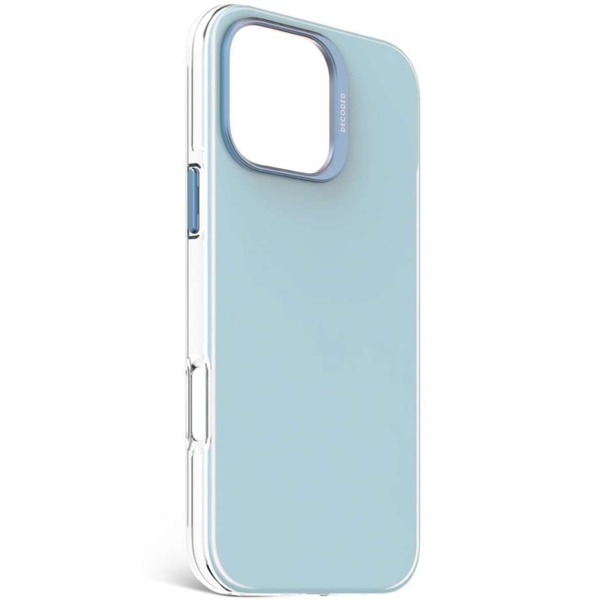 Coque de téléphone bleu clair avec des bords transparents et la marque 'DECODED' sur le côté.