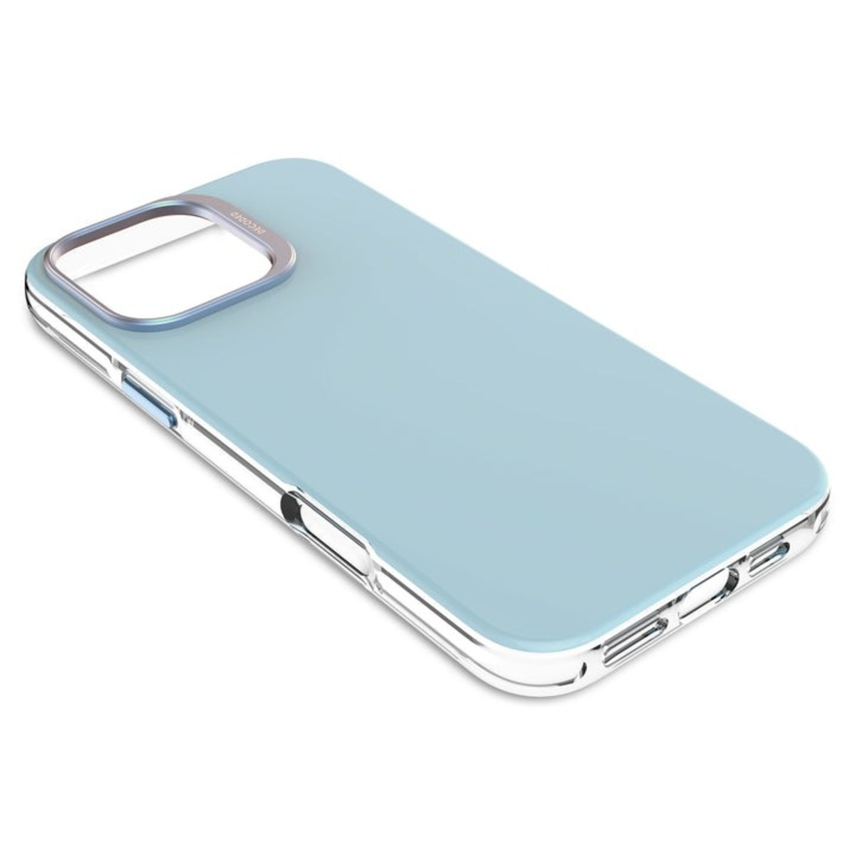 Coque de téléphone bleu clair, découpe argentée pour l'appareil photo. Sur fond blanc.
