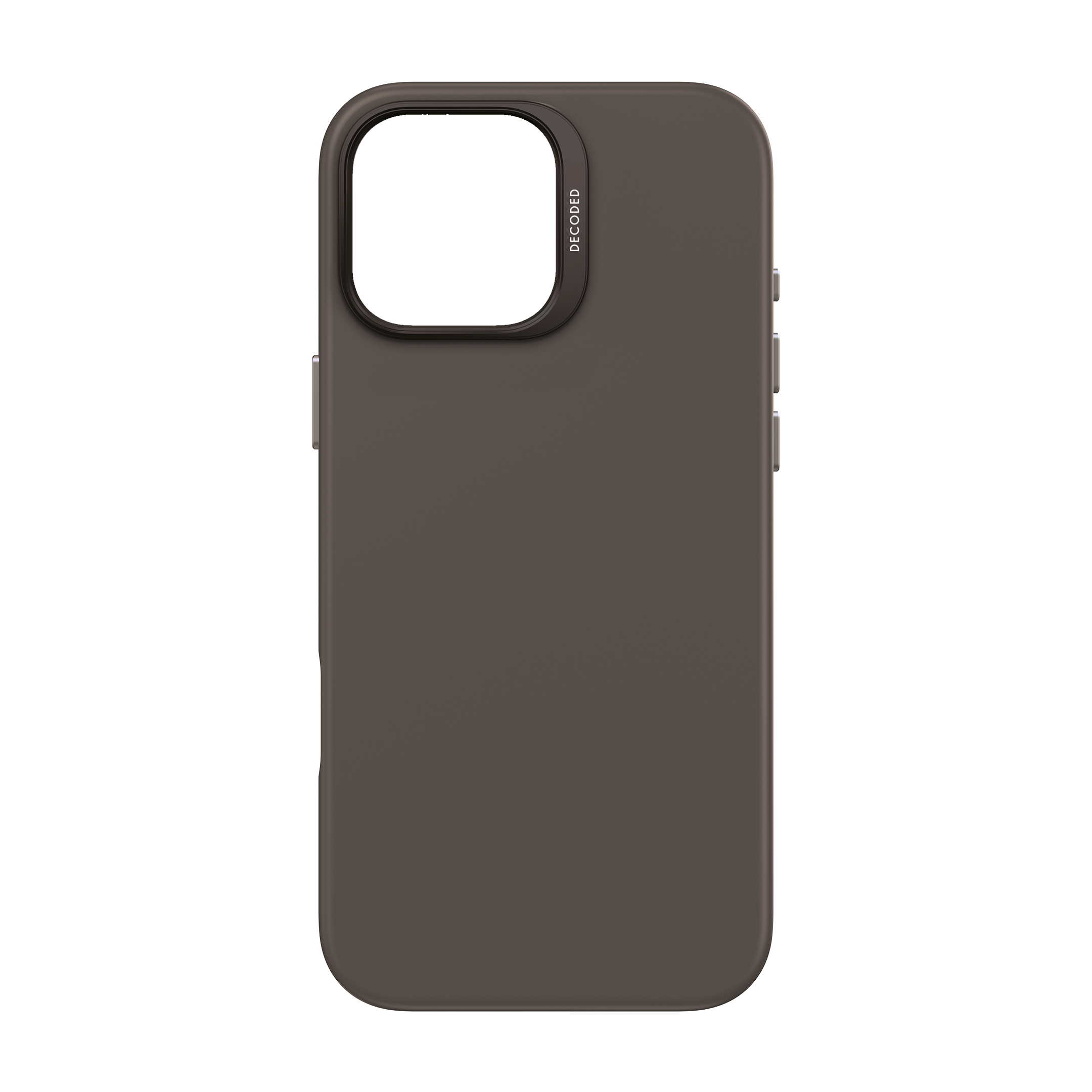 Donkerbruin telefoonhoesje met een donkere lensbeschermer. De hoes heeft een eenvoudig ontwerp.