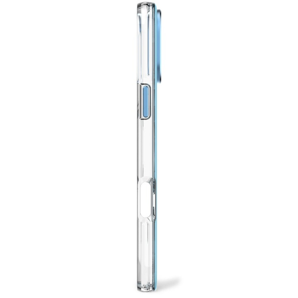 Coque transparente avec bord bleu et contours des boutons. Vue latérale.