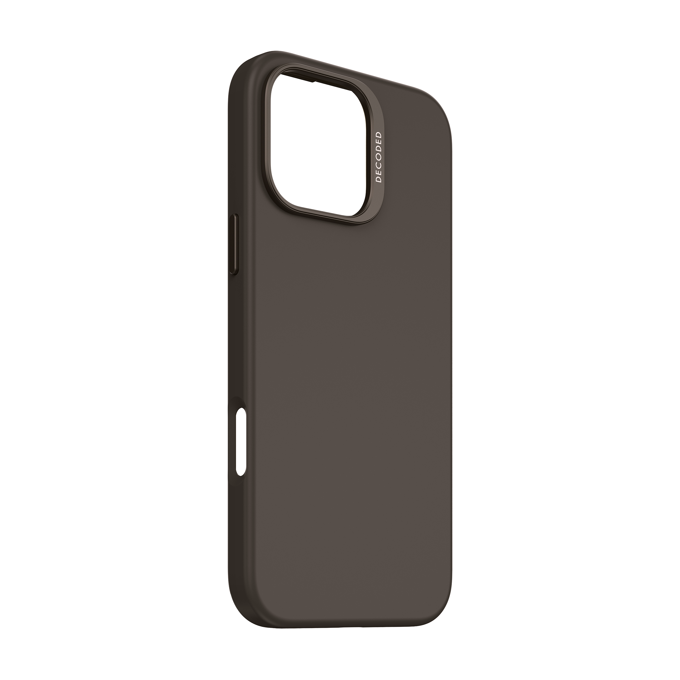 Donkerbruin telefoonhoesje met een camera-uitsparing. De hoes heeft een eenvoudig ontwerp en is effen.