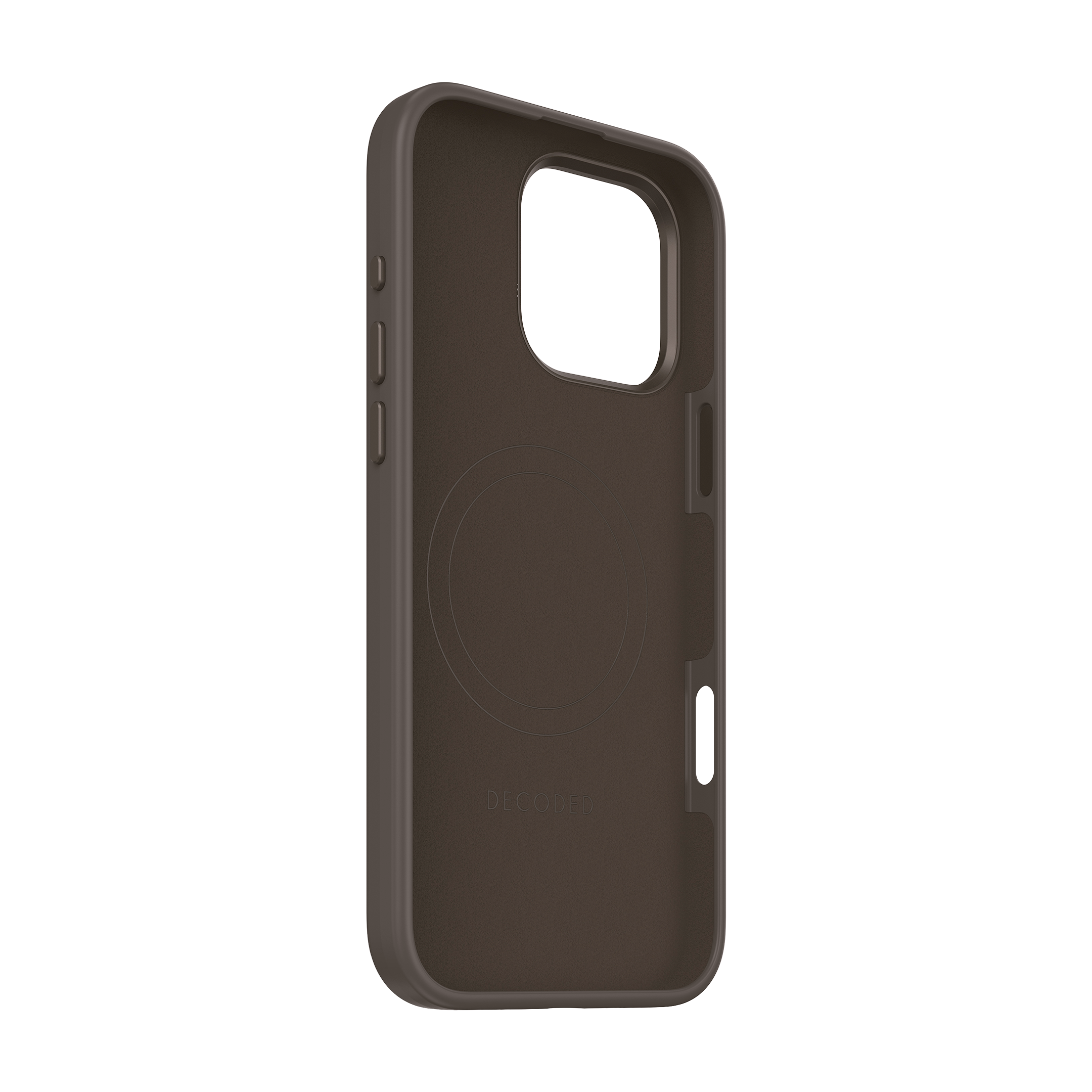 Bruin telefoonhoesje binnenkant, met magnetische ring, zwarte achtergrond.