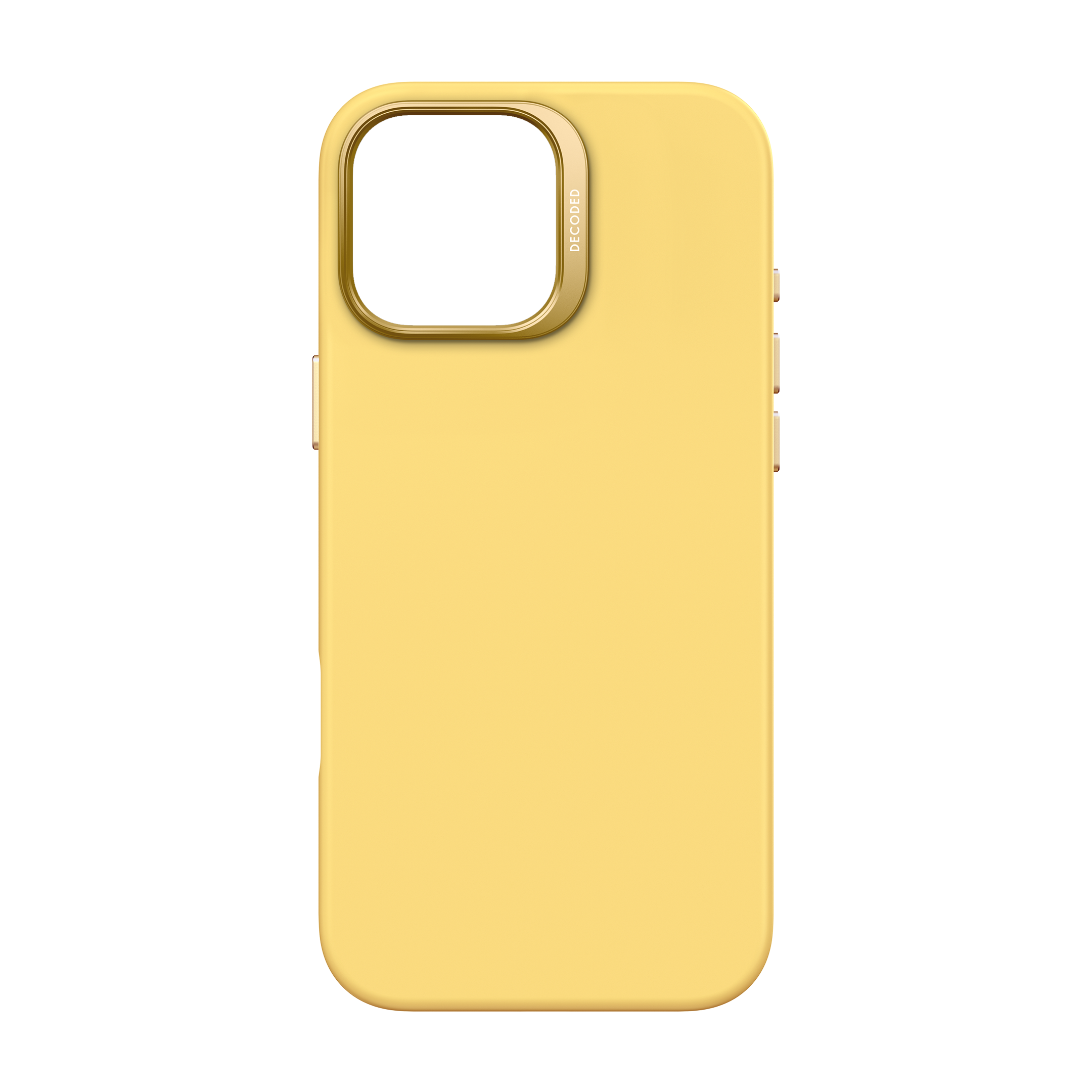 Gelbe Handyhülle mit goldenem Kameraausschnitt.