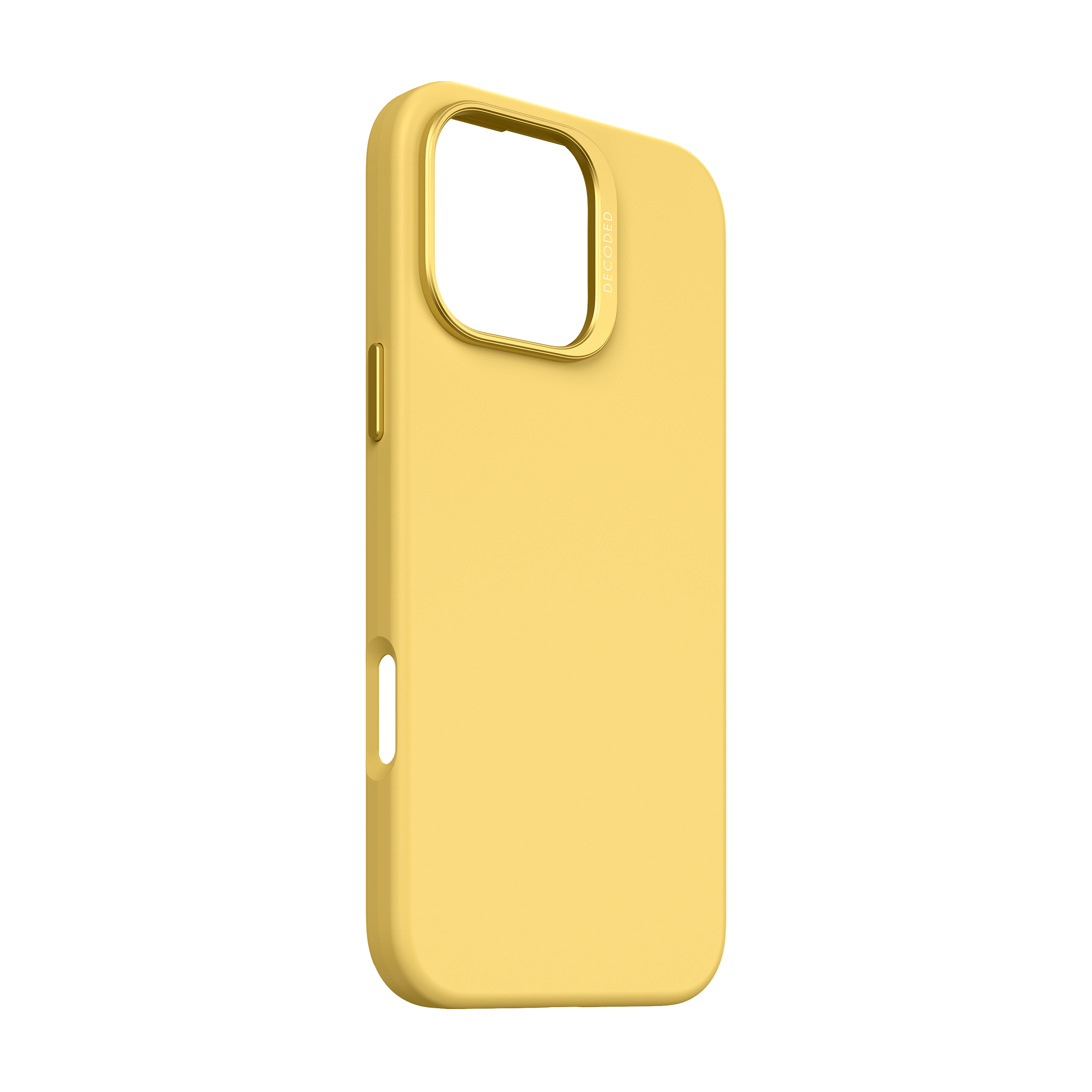 Gelbe Handyhülle mit goldenem Kameraring, schwarzer Hintergrund.