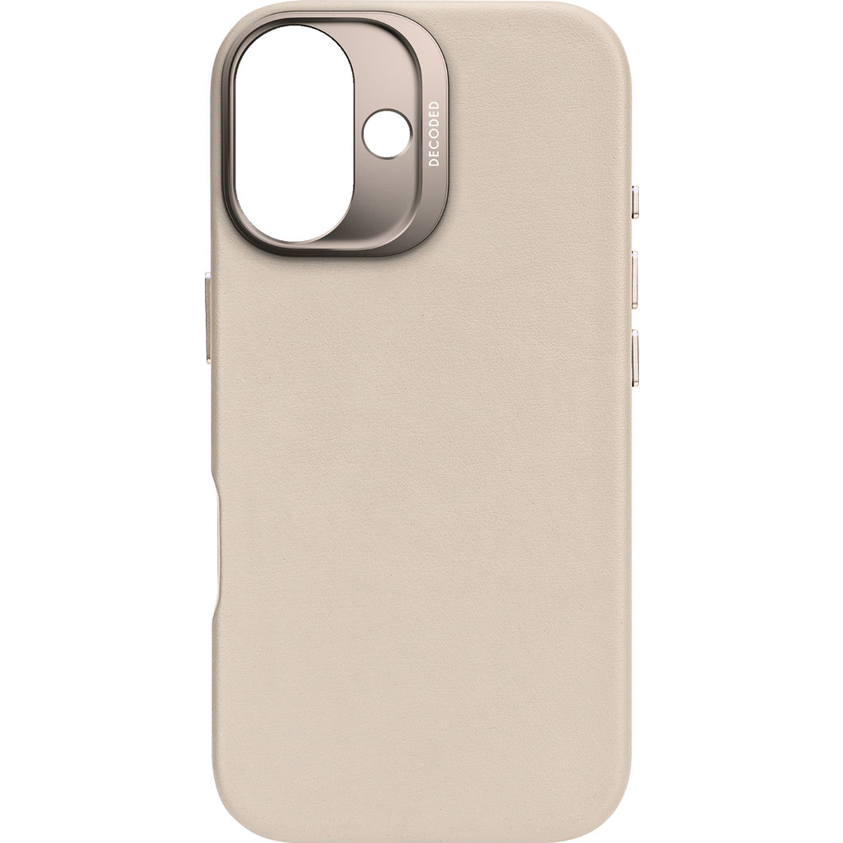 Custodia per telefono beige con protezione dell'obiettivo. La parola DECODED è sopra il foro della fotocamera.
