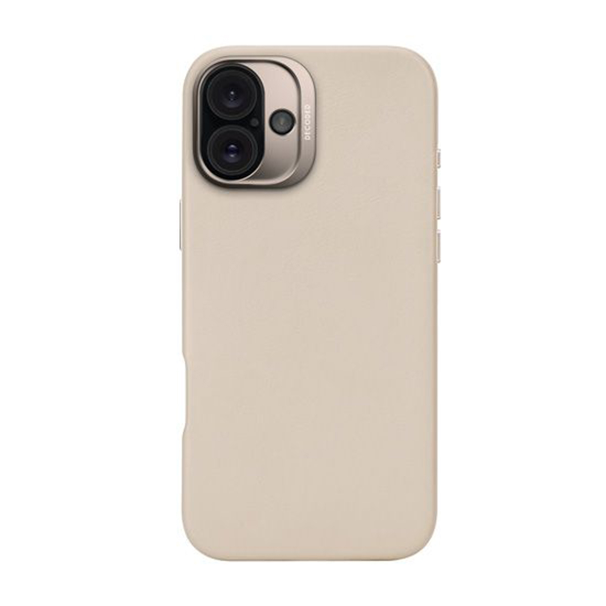 Una custodia per telefono beige con due obiettivi della fotocamera e la parola 'DECODED'.