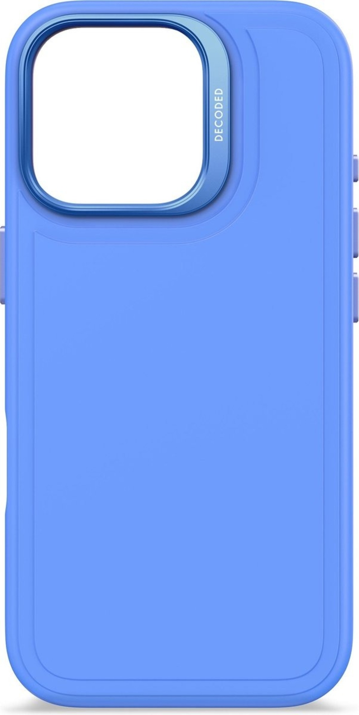 Een blauwe telefoonhoes met een cameraring. De hoes is blauw en de ring ook.