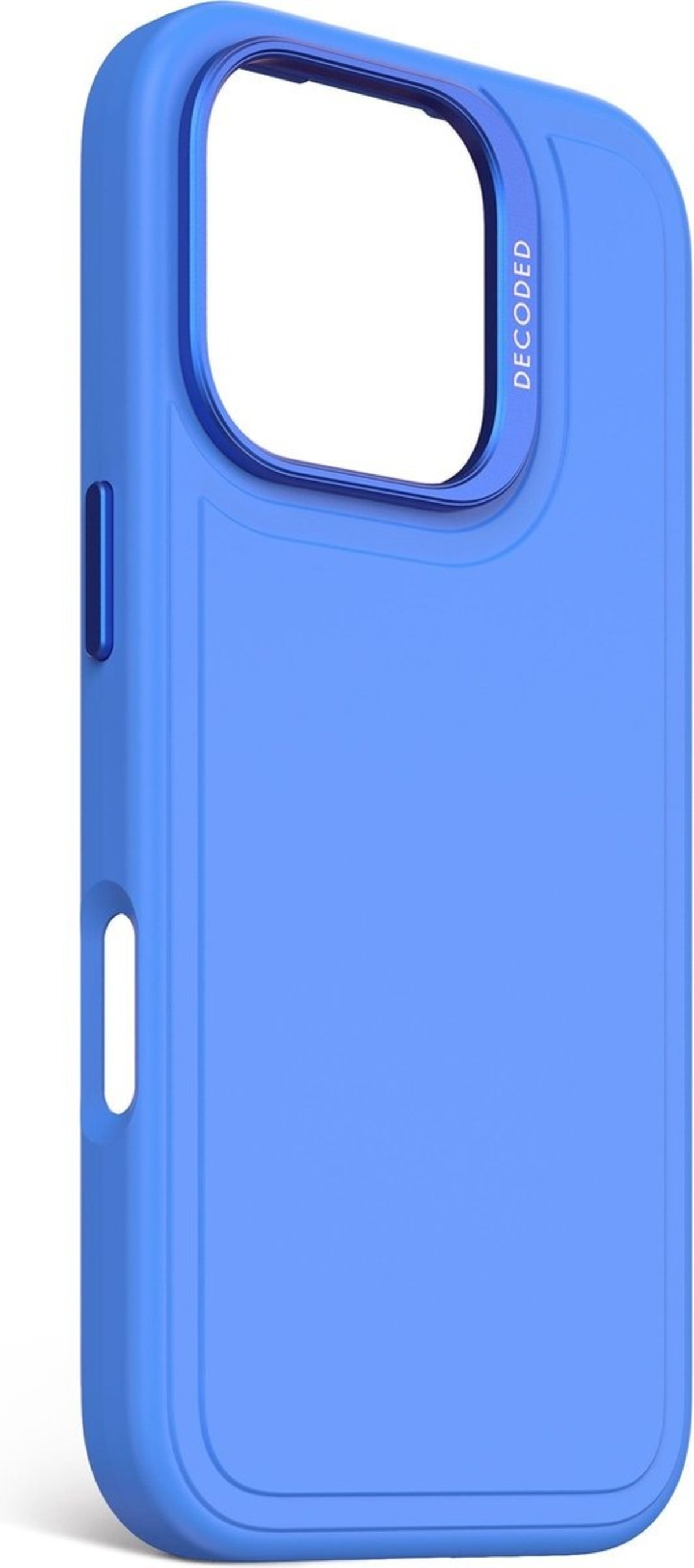 Een blauwe telefoonhoes met het woord 'DECODED' op de zijkant. Het is een stevige, beschermende hoes.